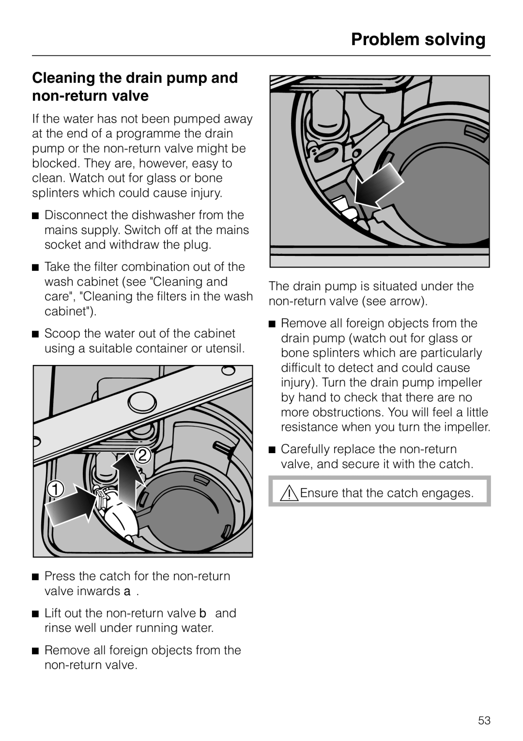 Miele 06 702 810 manual Cleaning the drain pump and non-return valve 