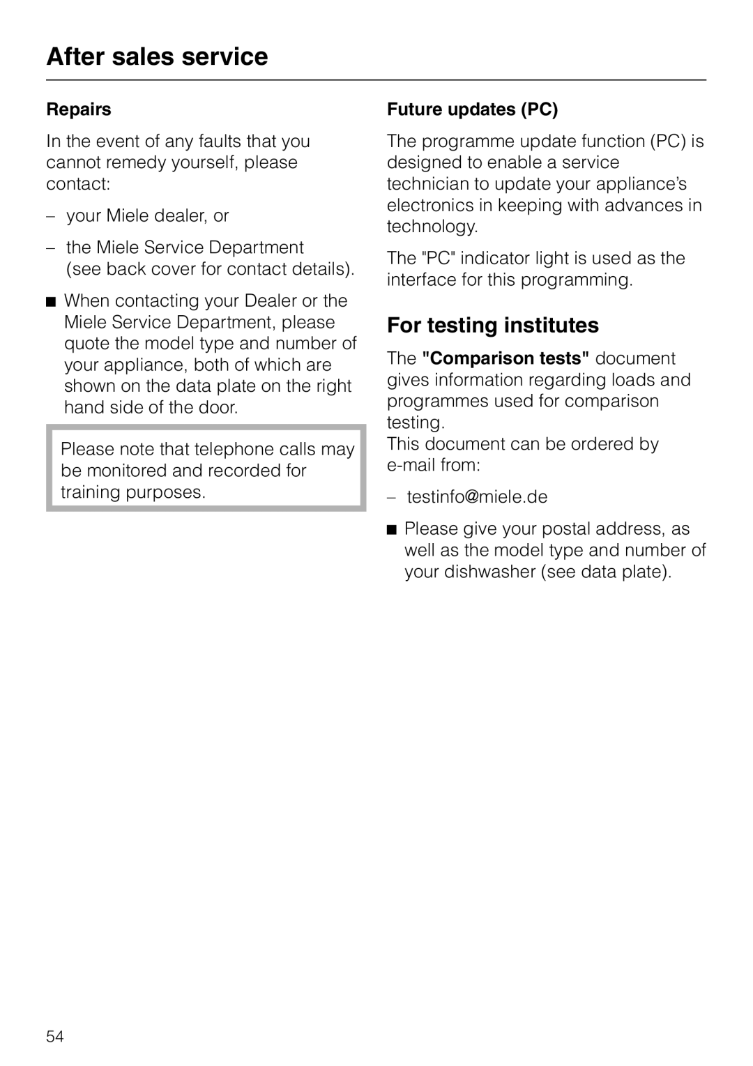 Miele 06 702 810 manual After sales service, For testing institutes, Repairs, Future updates PC 