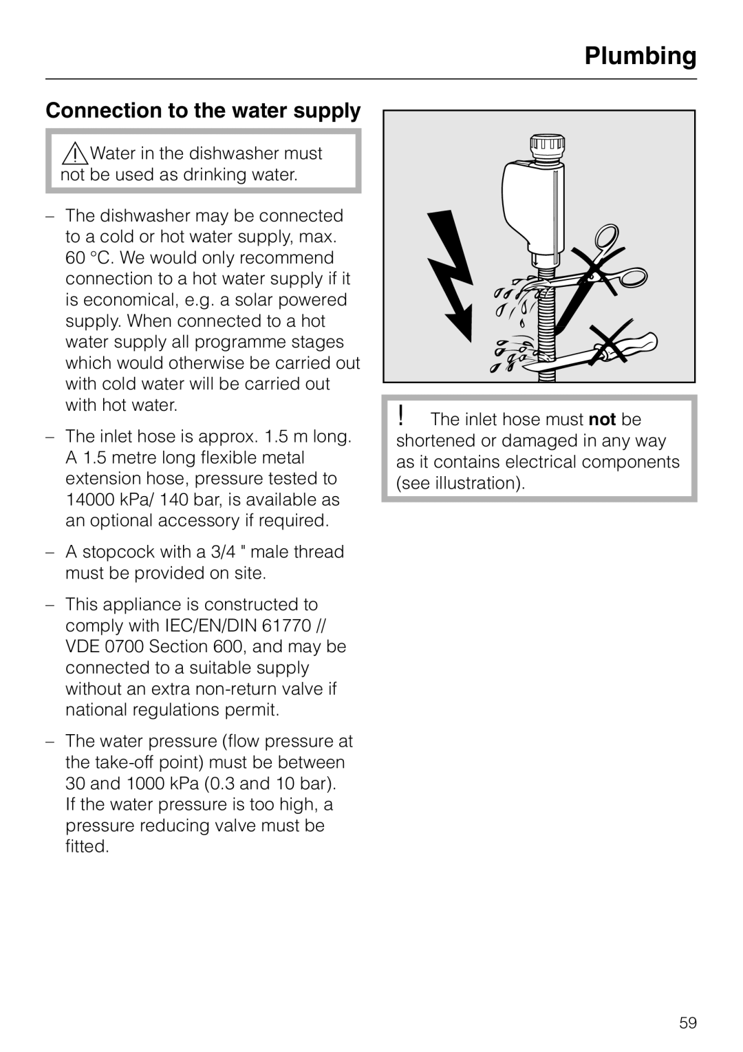 Miele 06 702 810 manual Plumbing, Connection to the water supply 