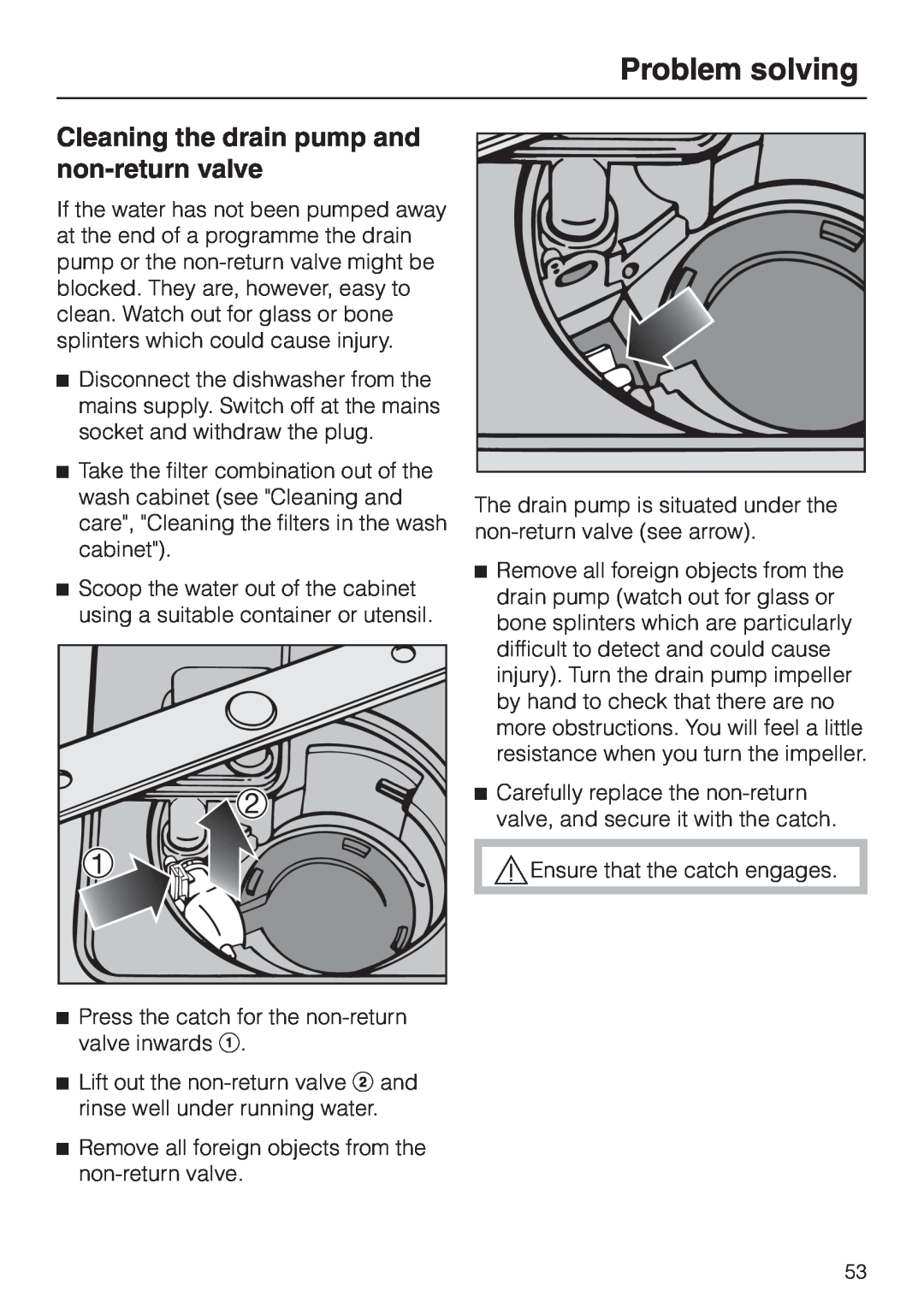 Miele 06 702 810 manual Cleaning the drain pump and non-returnvalve, Problem solving 