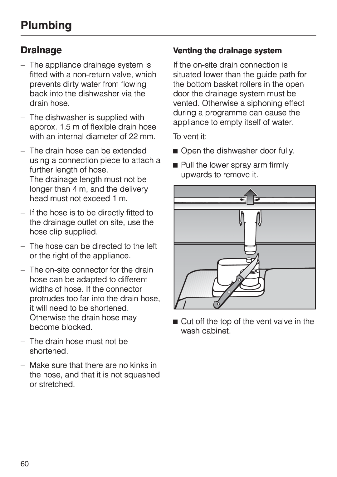 Miele 06 702 810 manual Drainage, Plumbing, Venting the drainage system 
