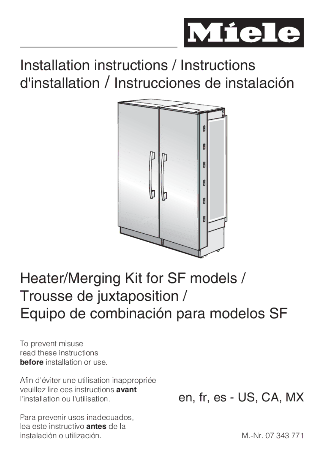 Miele 07 343 771 installation instructions En, fr, es US, CA, MX 