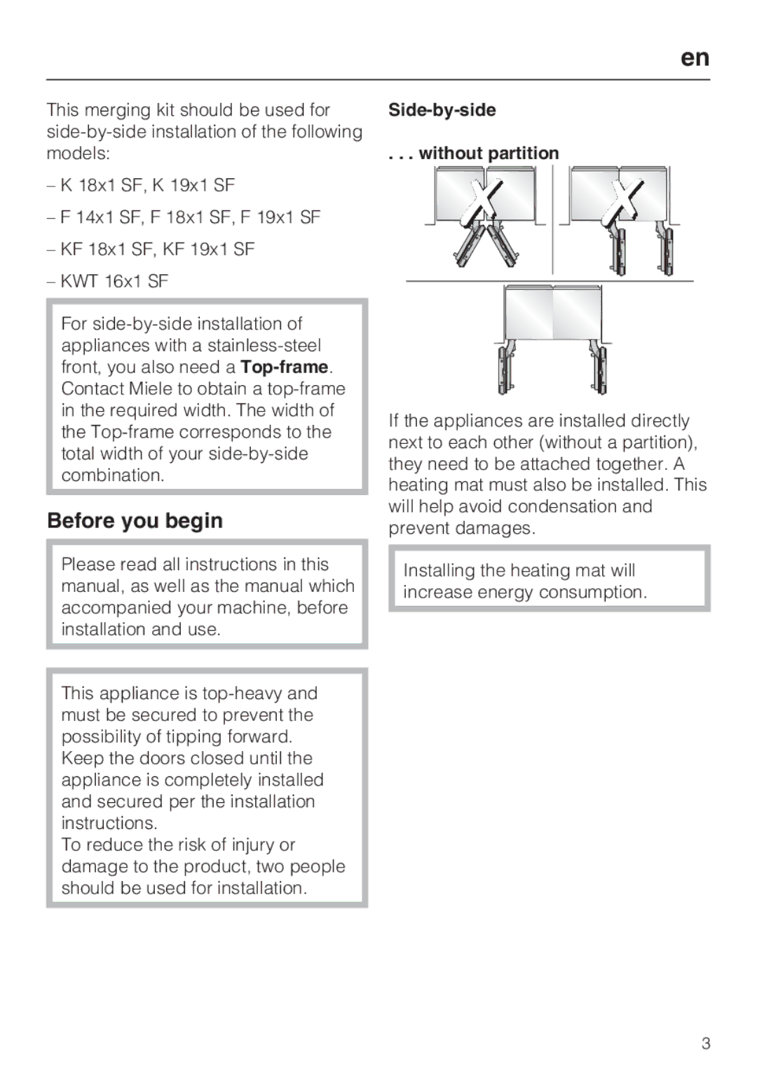 Miele 07 343 771 installation instructions Before you begin, Side-by-side Without partition 