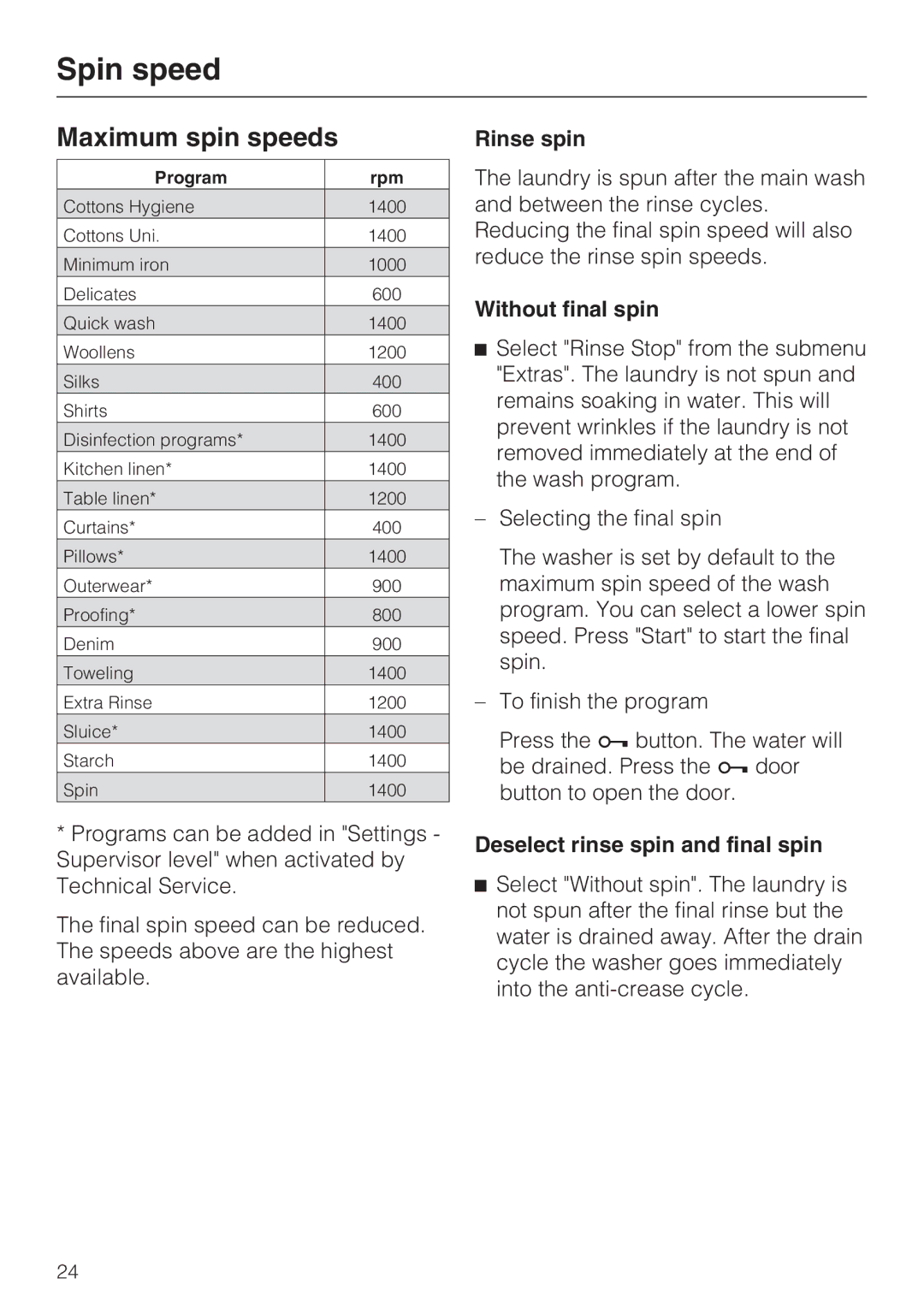 Miele 07 509 320 Spin speed, Maximum spin speeds, Rinse spin, Without final spin, Deselect rinse spin and final spin 