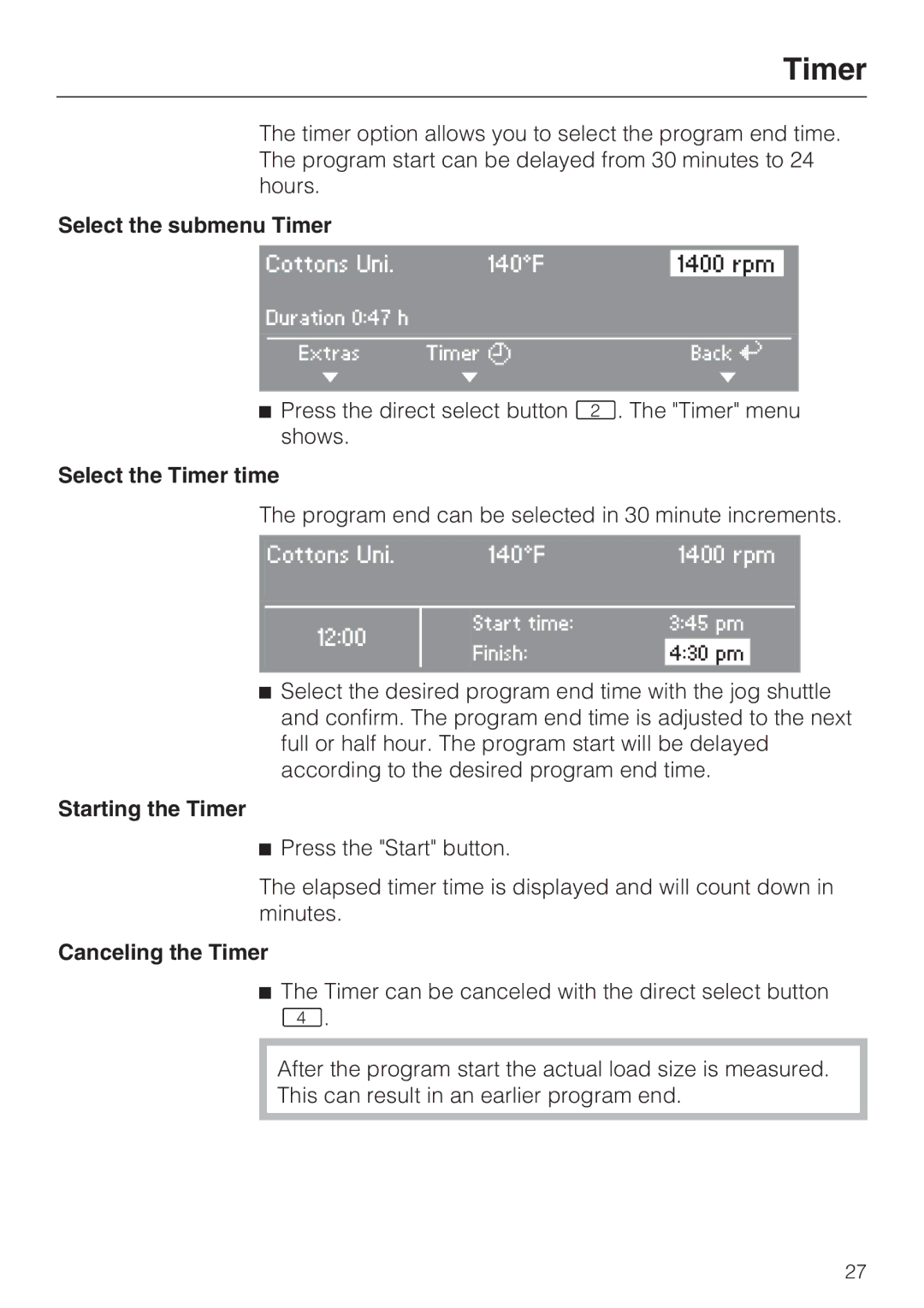 Miele 07 509 320 Select the submenu Timer, Select the Timer time, Starting the Timer, Canceling the Timer 