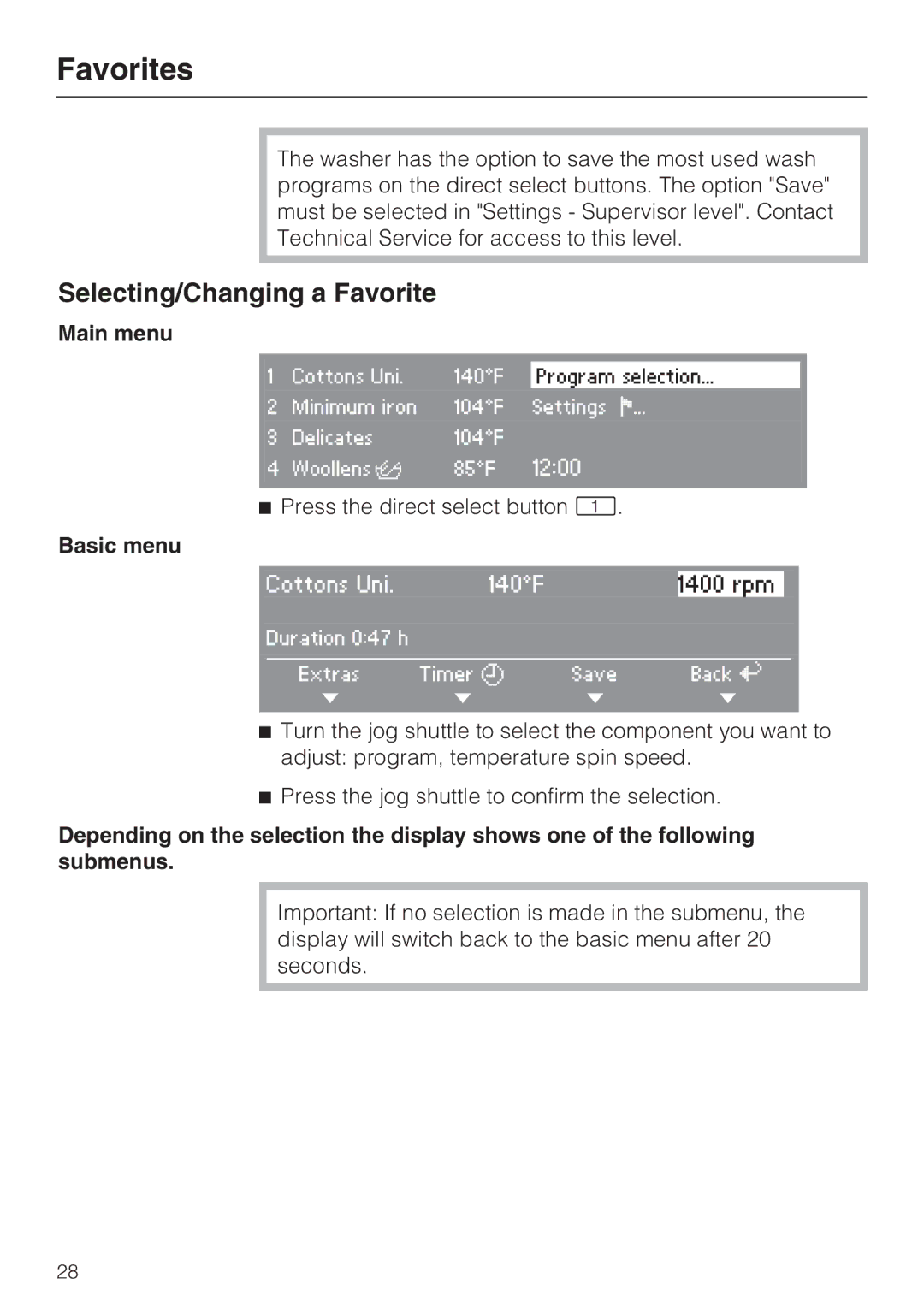 Miele 07 509 320 operating instructions Favorites, Selecting/Changing a Favorite, Basic menu 