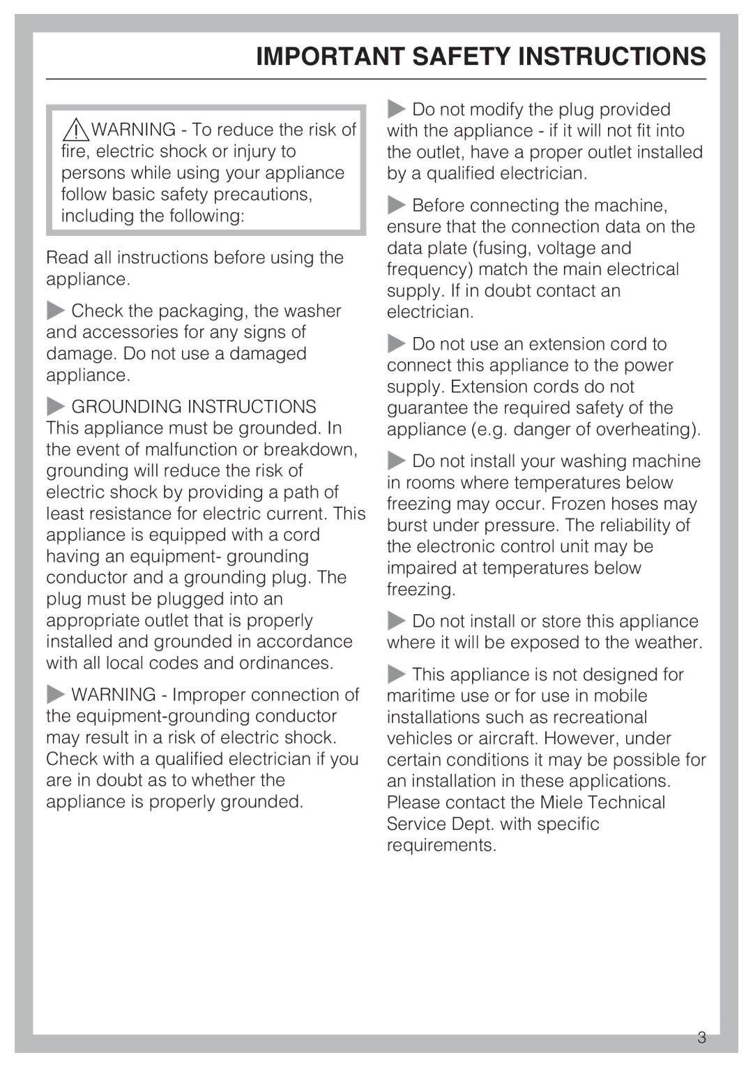 Miele 07 509 320 operating instructions Important Safety Instructions 