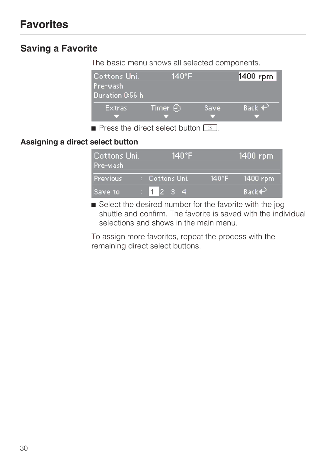 Miele 07 509 320 operating instructions Saving a Favorite, Assigning a direct select button 