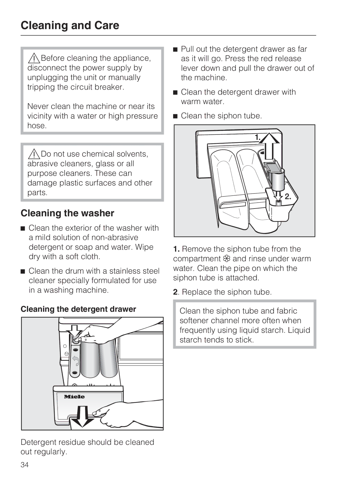 Miele 07 509 320 operating instructions Cleaning and Care, Cleaning the washer, Cleaning the detergent drawer 