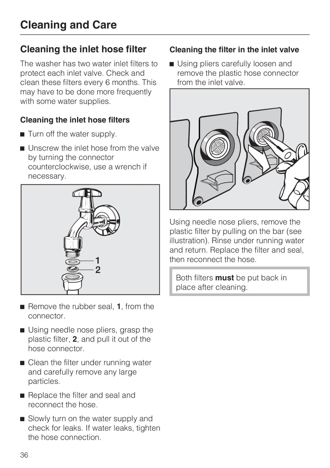 Miele 07 509 320 operating instructions Cleaning the inlet hose filters, Cleaning the filter in the inlet valve 