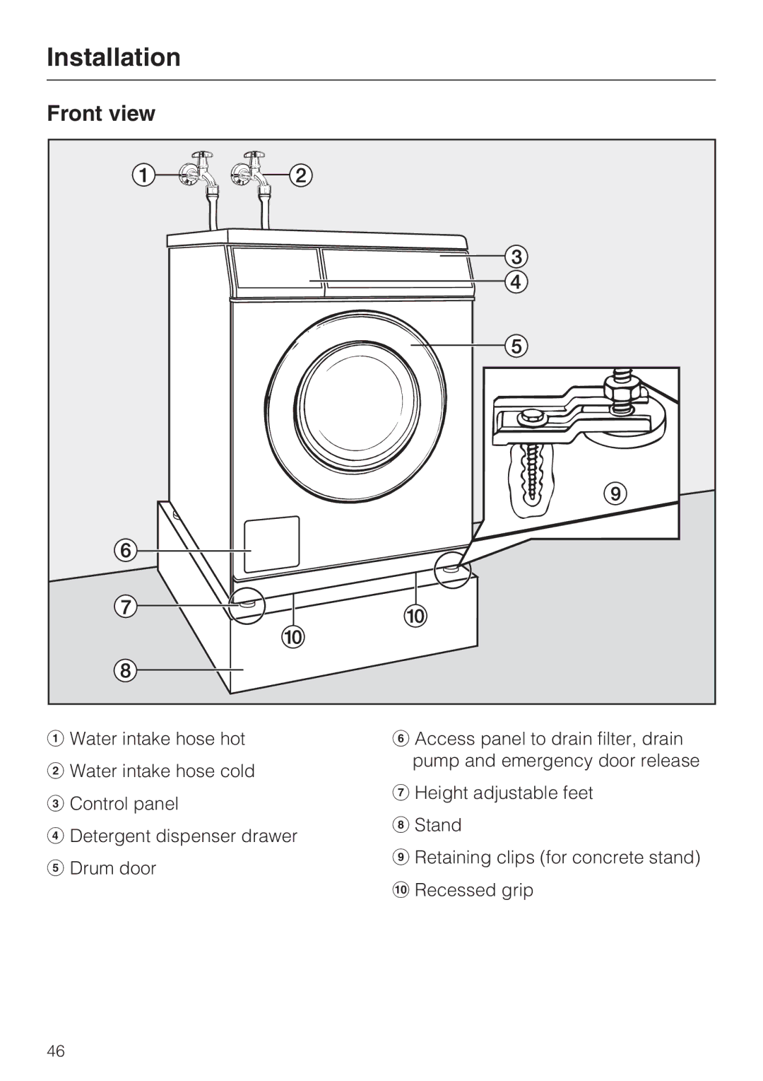 Miele 07 509 320 operating instructions Installation, Front view 