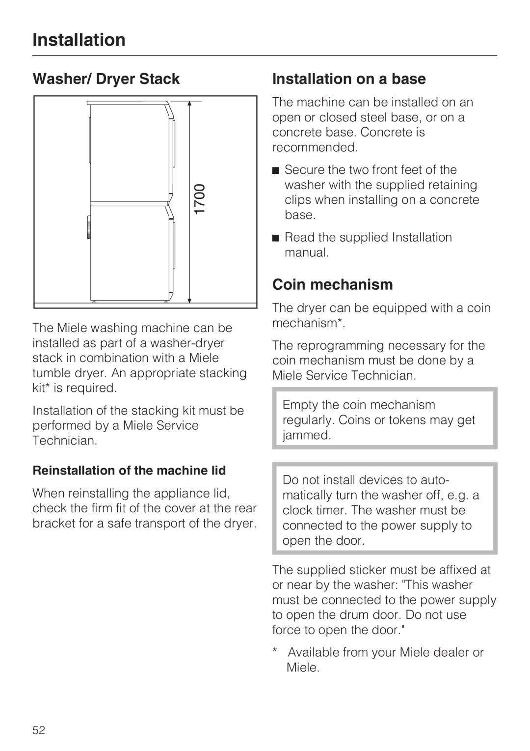 Miele 07 509 320 Washer/ Dryer Stack Installation on a base, Coin mechanism, Reinstallation of the machine lid 