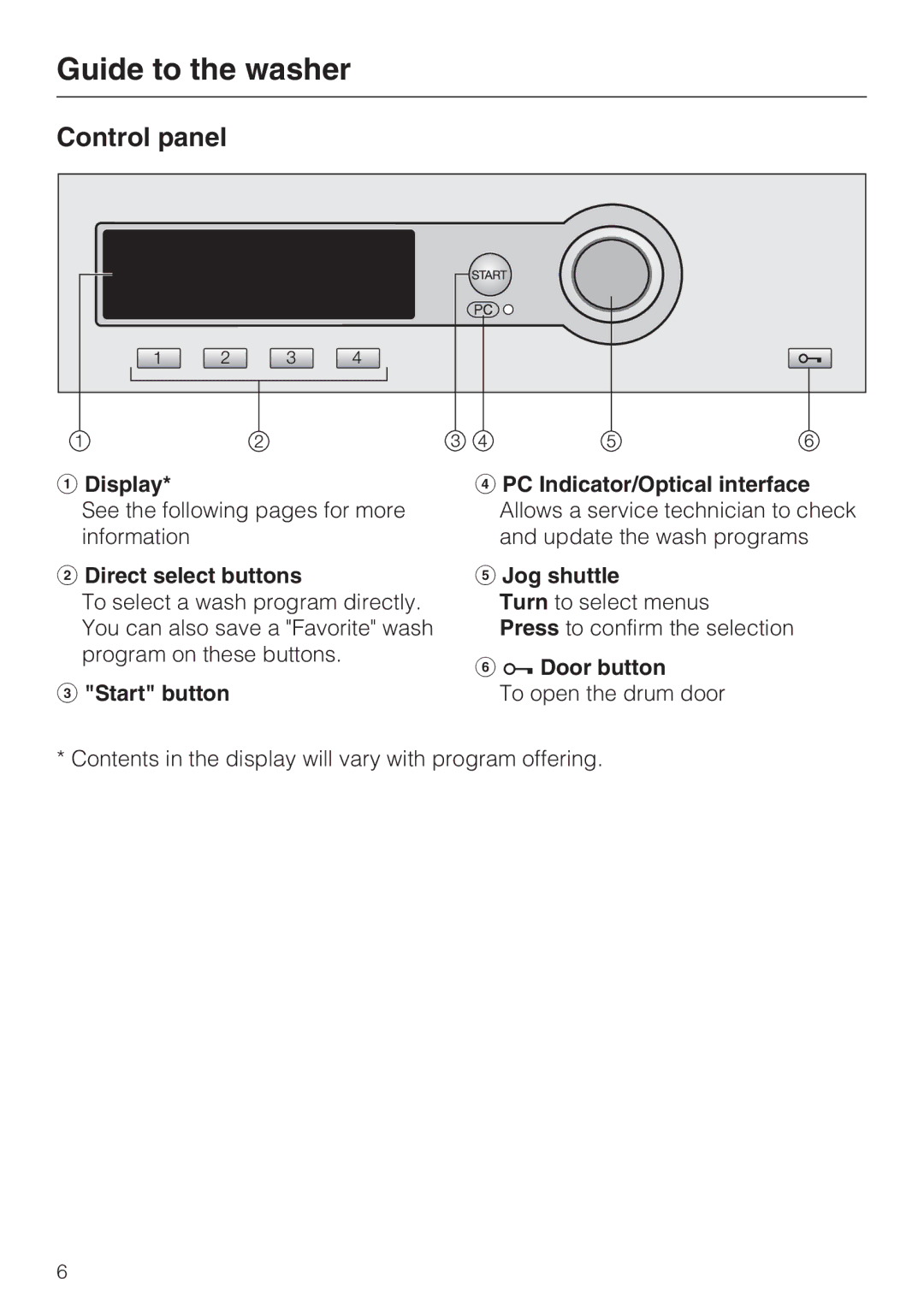 Miele 07 509 320 operating instructions Guide to the washer, Control panel, Display, Direct select buttons, Door button 