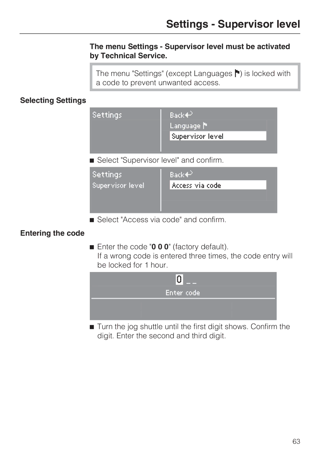 Miele 07 509 320 operating instructions Settings Supervisor level, Entering the code 