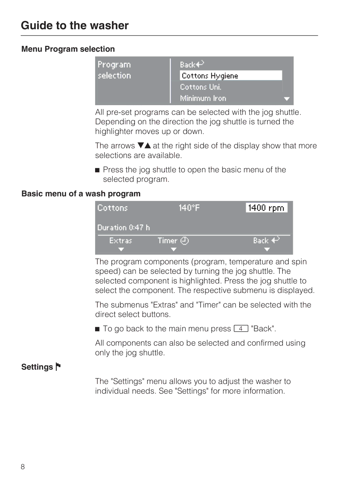 Miele 07 509 320 operating instructions Menu Program selection, Basic menu of a wash program, Settings 