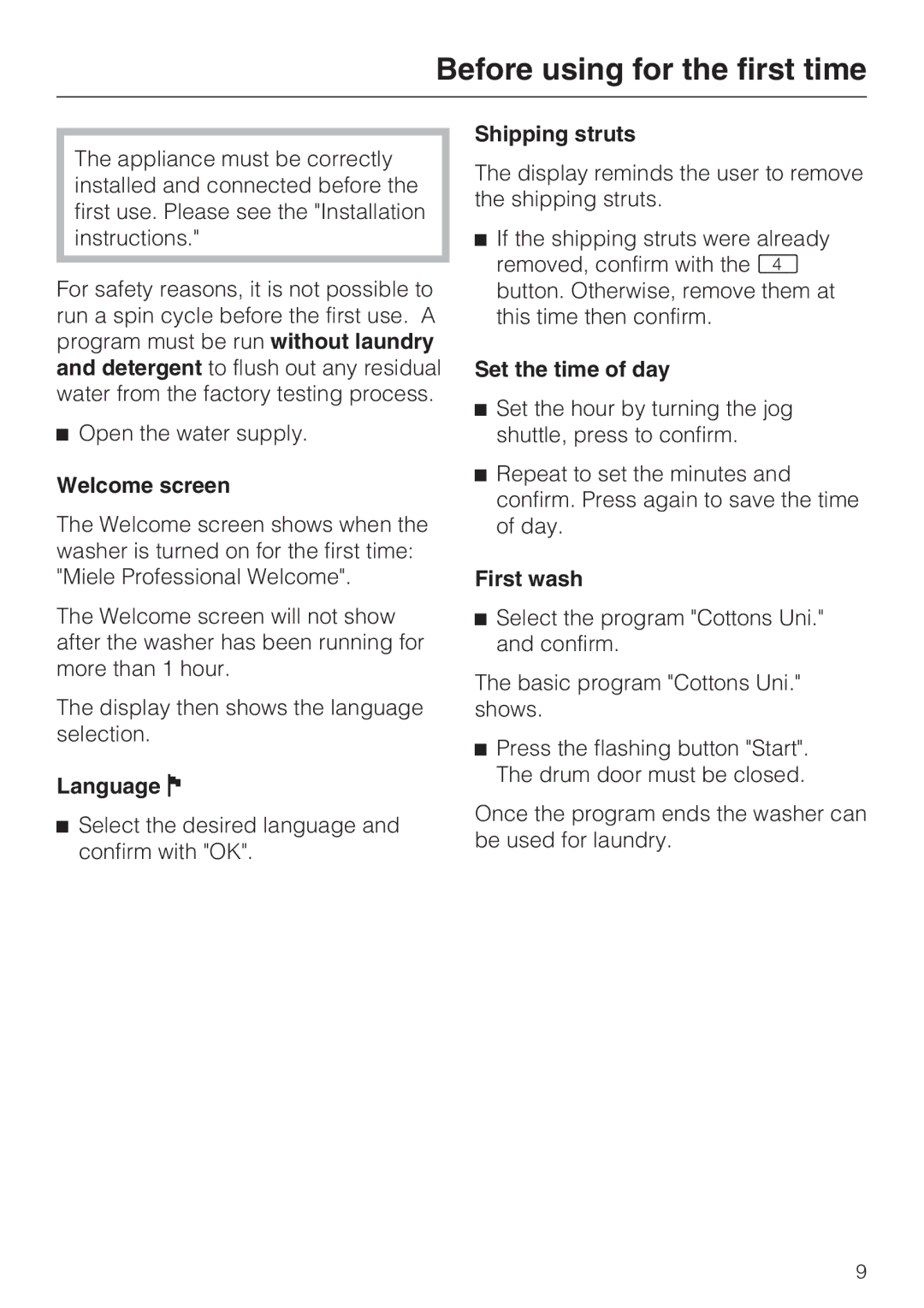 Miele 07 509 320 operating instructions Before using for the first time 