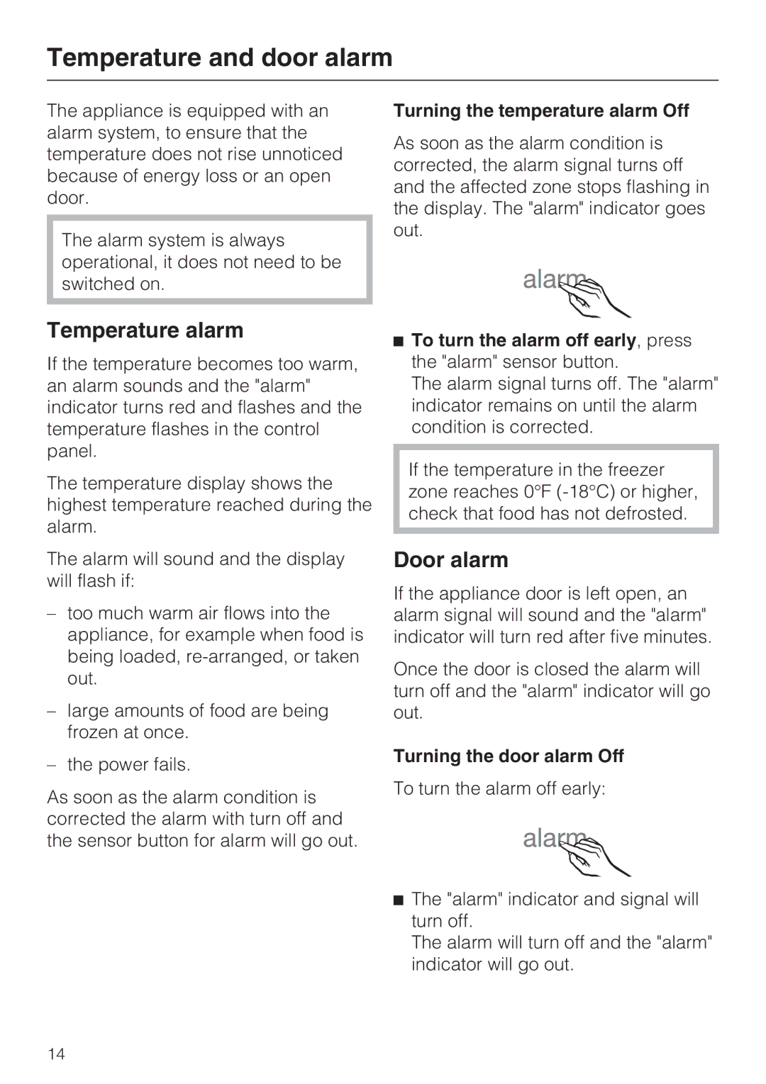 Miele 09 169 330 installation instructions Temperature and door alarm, Temperature alarm, Door alarm 