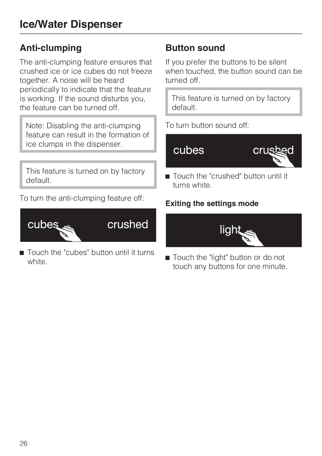 Miele 09 169 330 installation instructions Anti-clumping, Button sound, Exiting the settings mode 