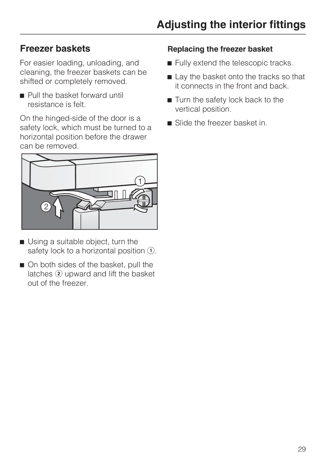 Miele 09 169 330 installation instructions Freezer baskets, Replacing the freezer basket 