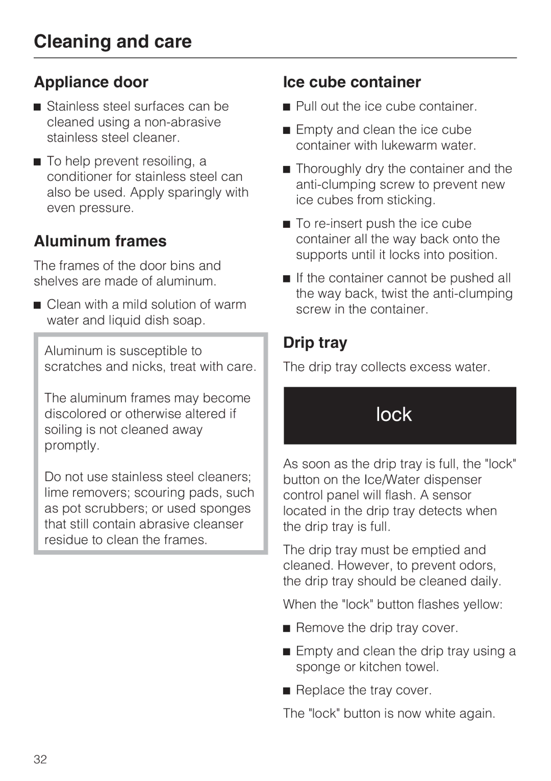 Miele 09 169 330 installation instructions Appliance door, Aluminum frames, Ice cube container, Drip tray 