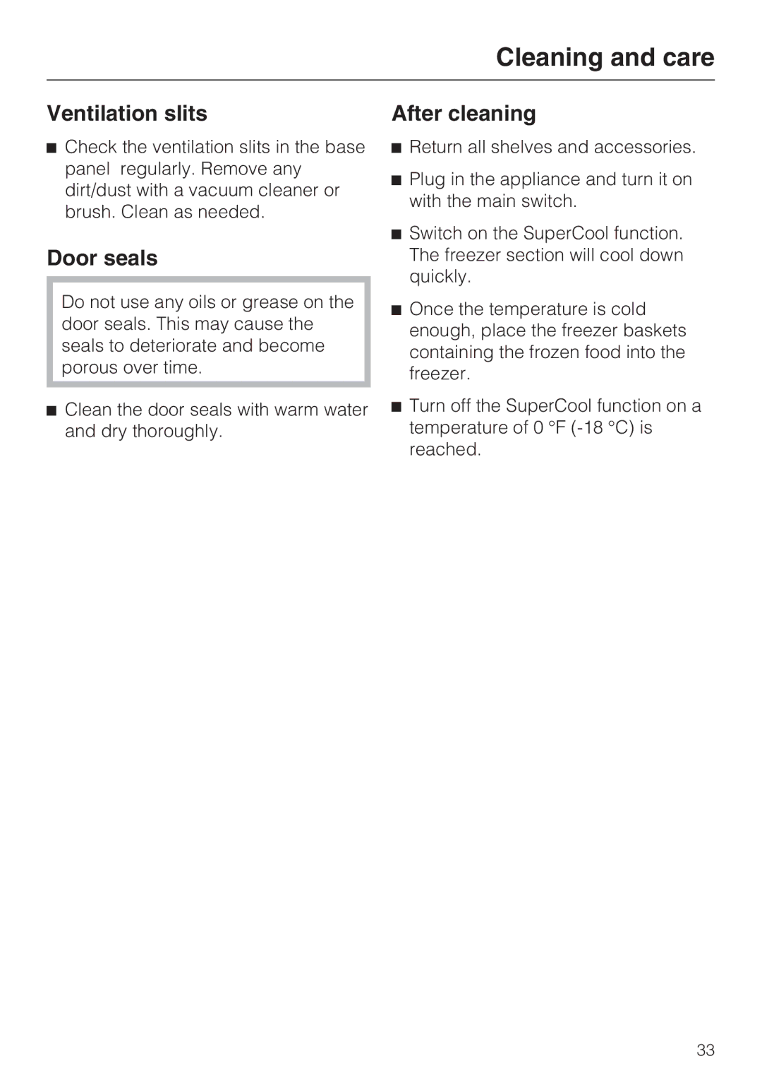 Miele 09 169 330 installation instructions Ventilation slits, Door seals, After cleaning 