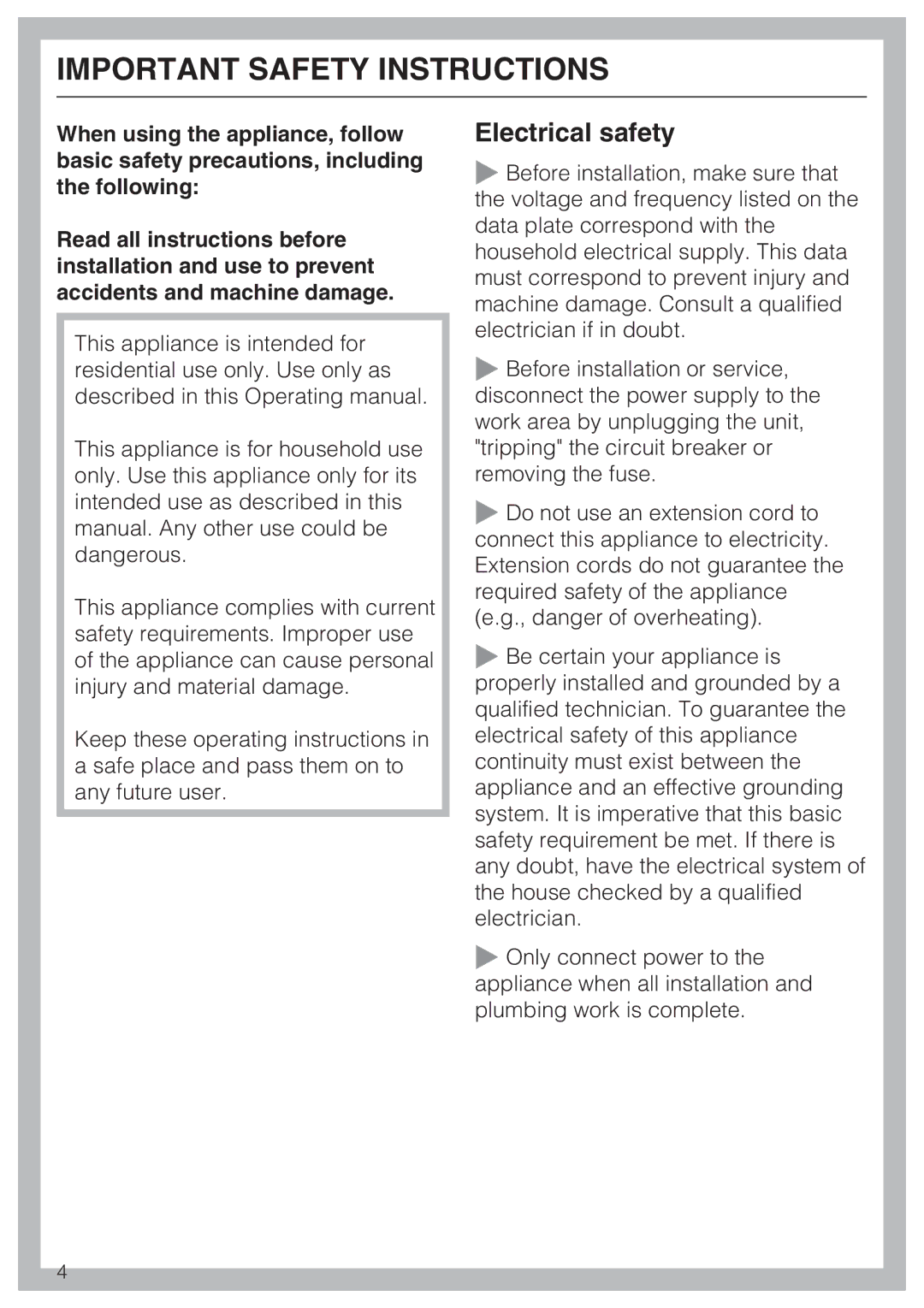 Miele 09 169 330 installation instructions Important Safety Instructions, Electrical safety 