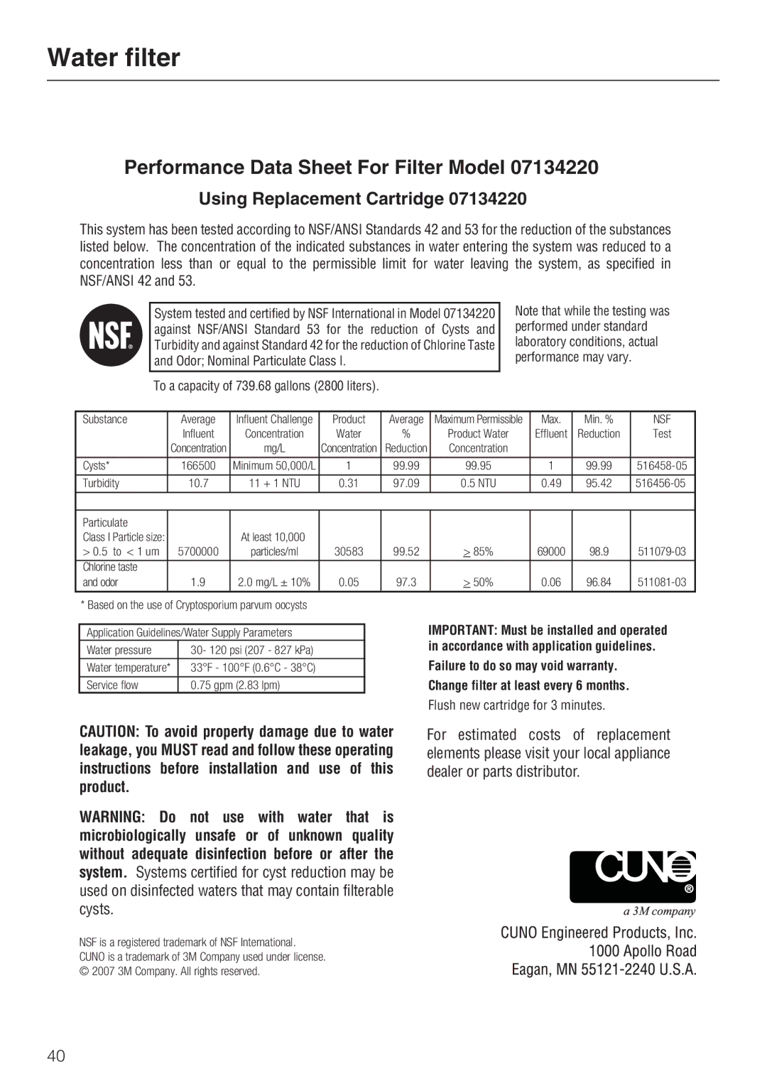 Miele 09 169 330 installation instructions Performance Data Sheet For Filter Model 