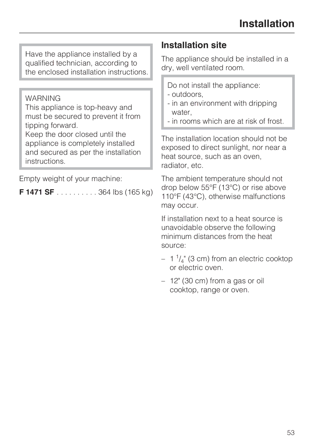 Miele 09 169 330 installation instructions Installation site 