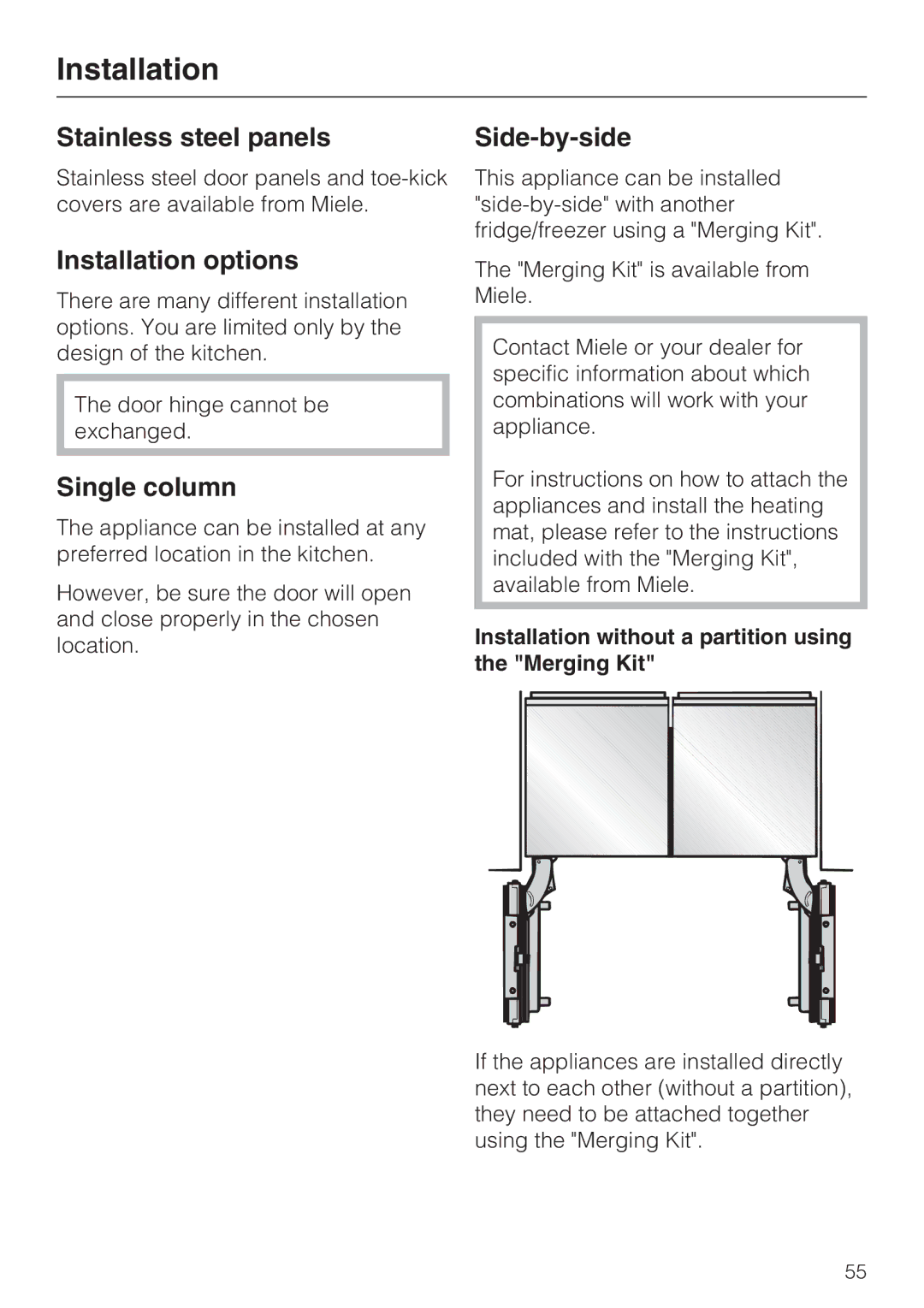 Miele 09 169 330 installation instructions Stainless steel panels, Installation options, Single column, Side-by-side 