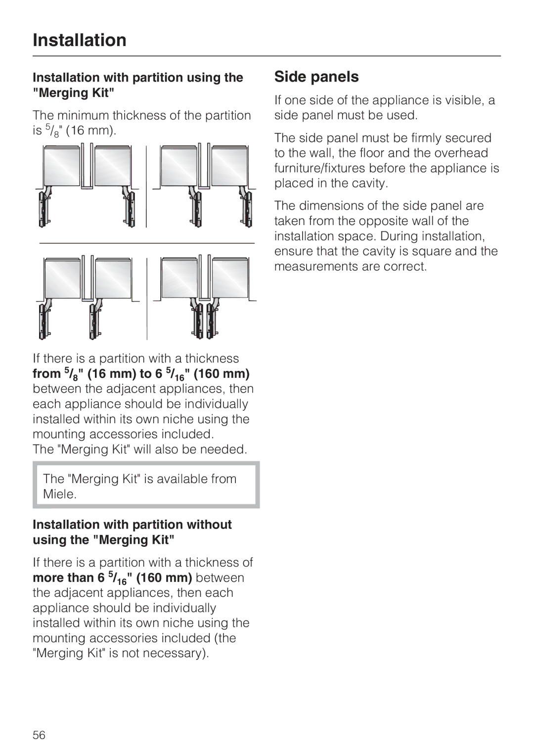 Miele 09 169 330 Side panels, Installation with partition using the Merging Kit, From 5/8 16 mm to 6 5/16 160 mm 