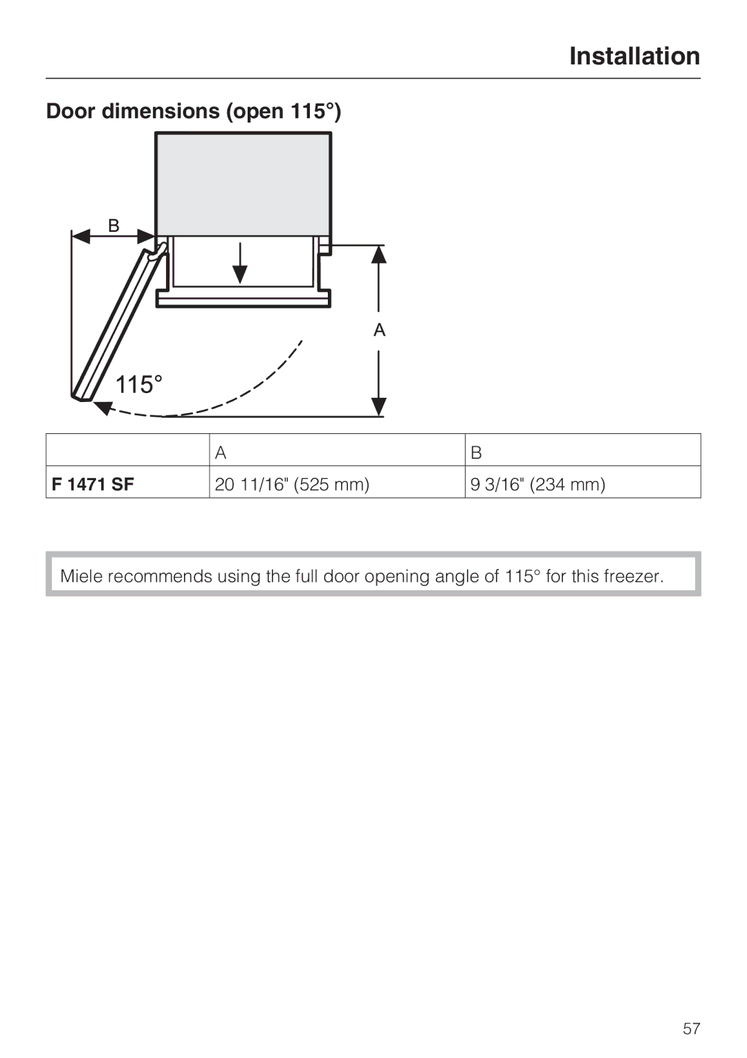 Miele 09 169 330 installation instructions Door dimensions open, 1471 SF 