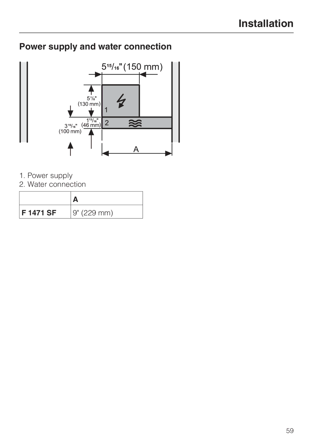 Miele 09 169 330 installation instructions Power supply and water connection, 1471 SF 229 mm 