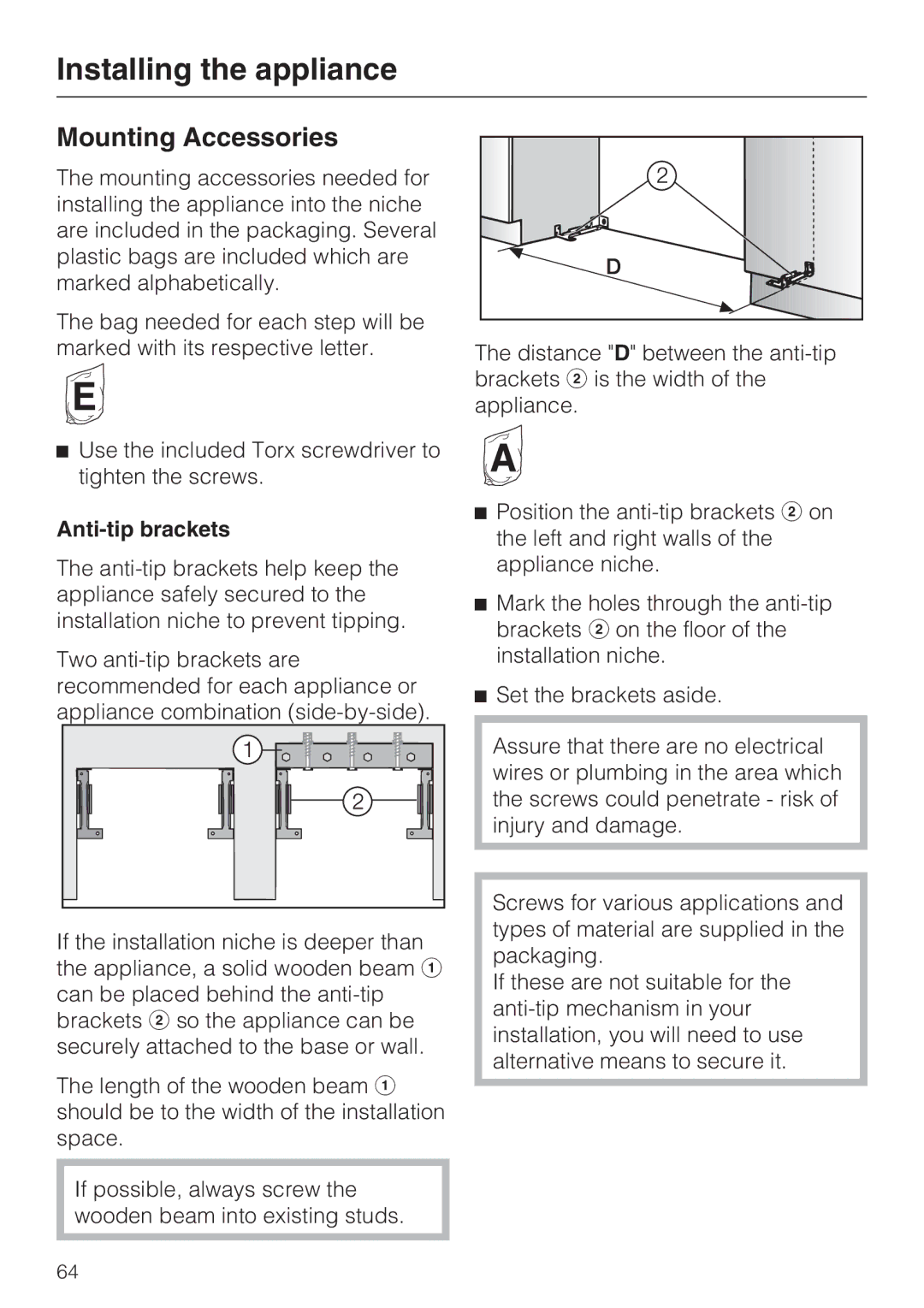 Miele 09 169 330 installation instructions Mounting Accessories, Anti-tip brackets 