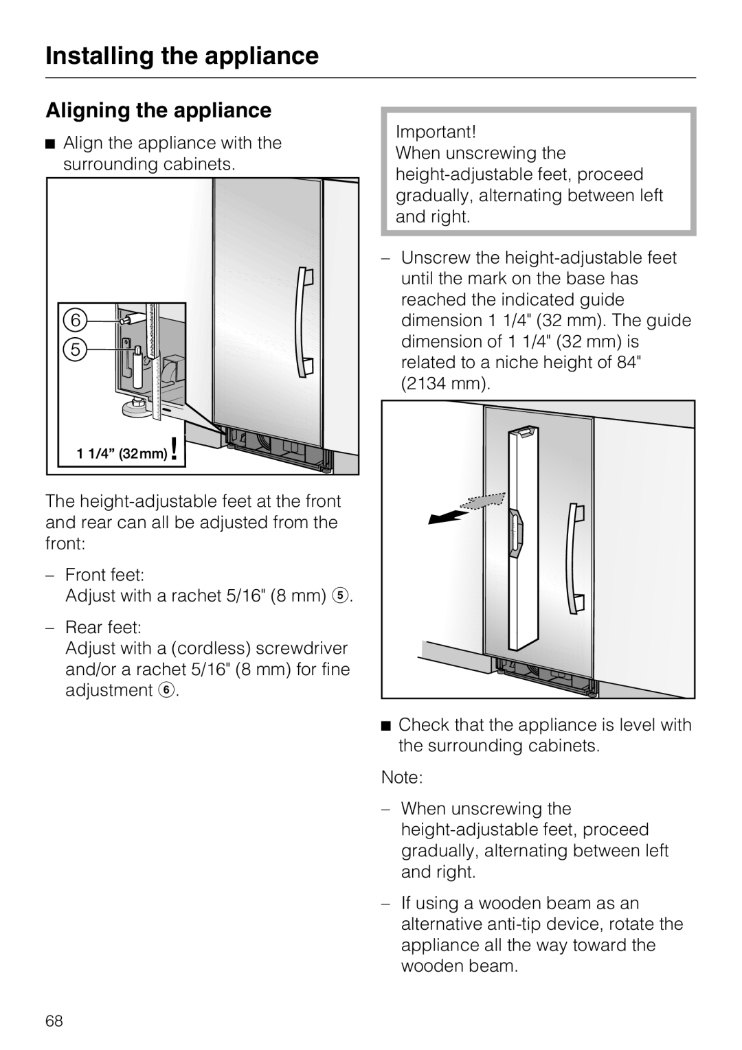 Miele 09 169 330 installation instructions Aligning the appliance 