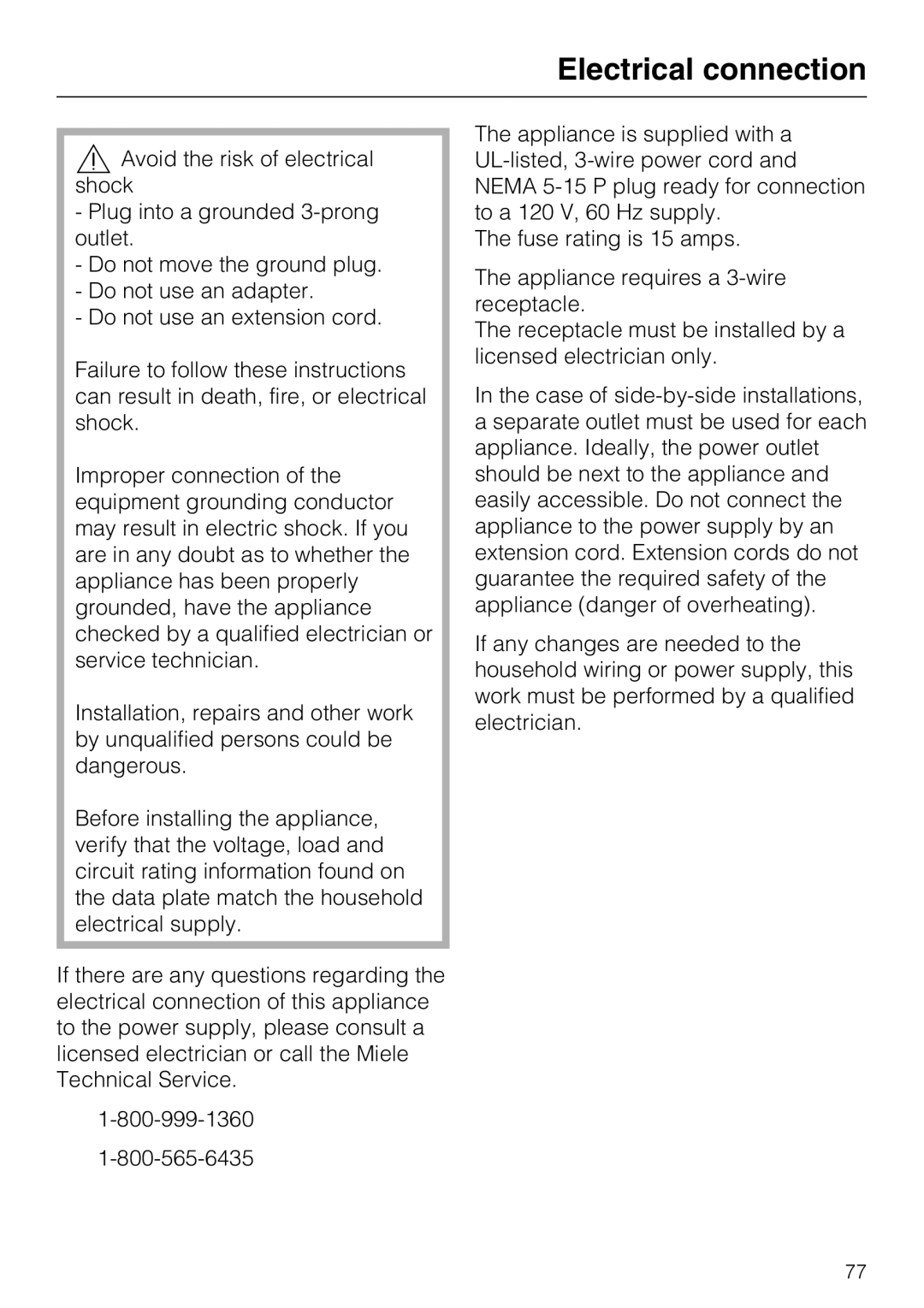 Miele 09 169 330 installation instructions Electrical connection 