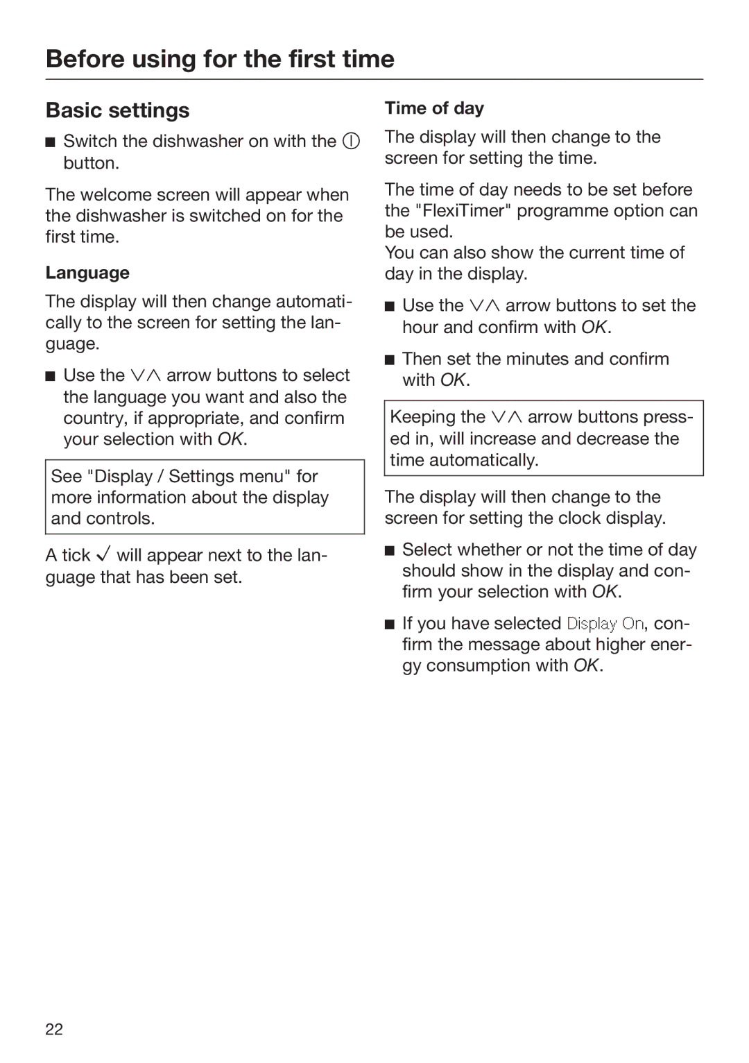 Miele 09 645 470 manual Basic settings, Language, Time of day 