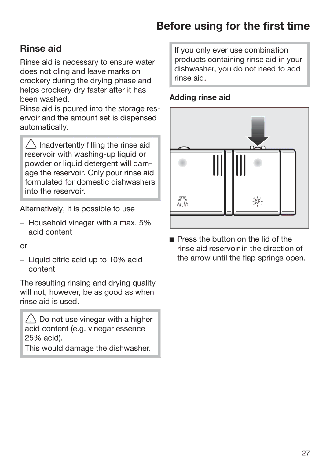 Miele 09 645 470 manual Rinse aid, Adding rinse aid 