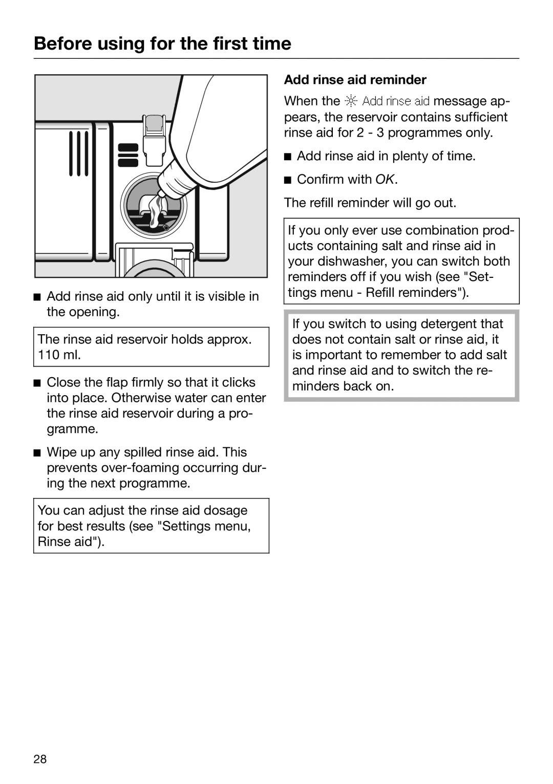 Miele 09 645 470 manual Add rinse aid reminder 