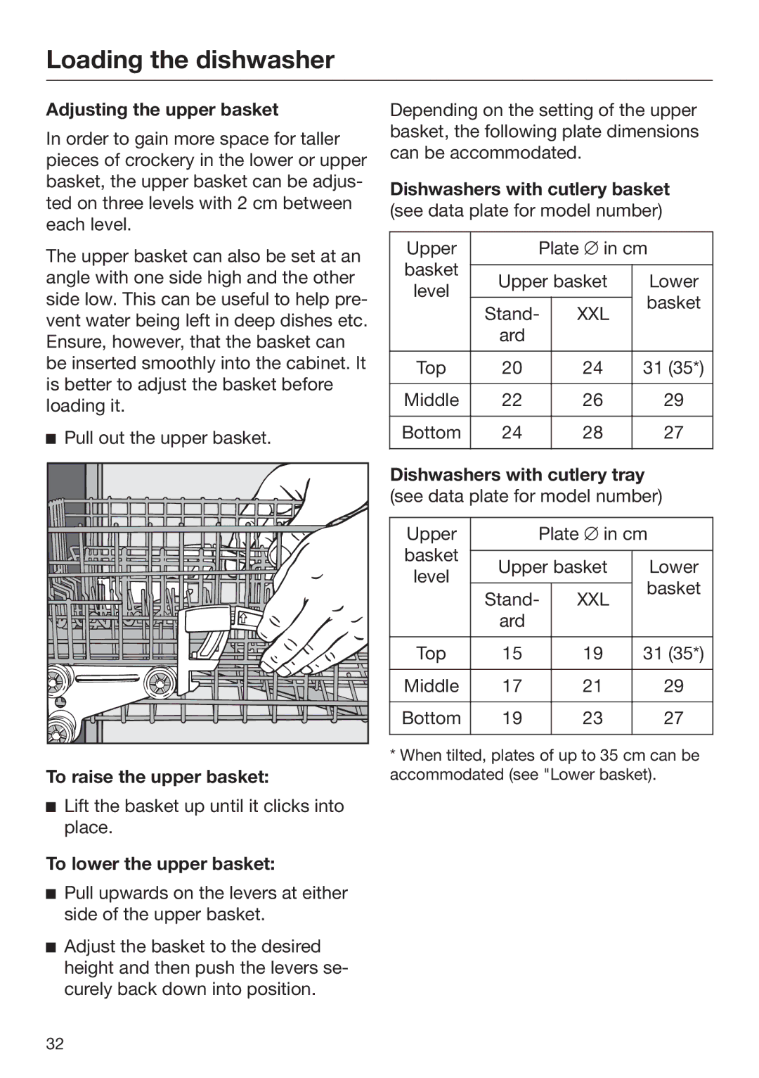 Miele 09 645 470 manual Adjusting the upper basket, To raise the upper basket, To lower the upper basket 