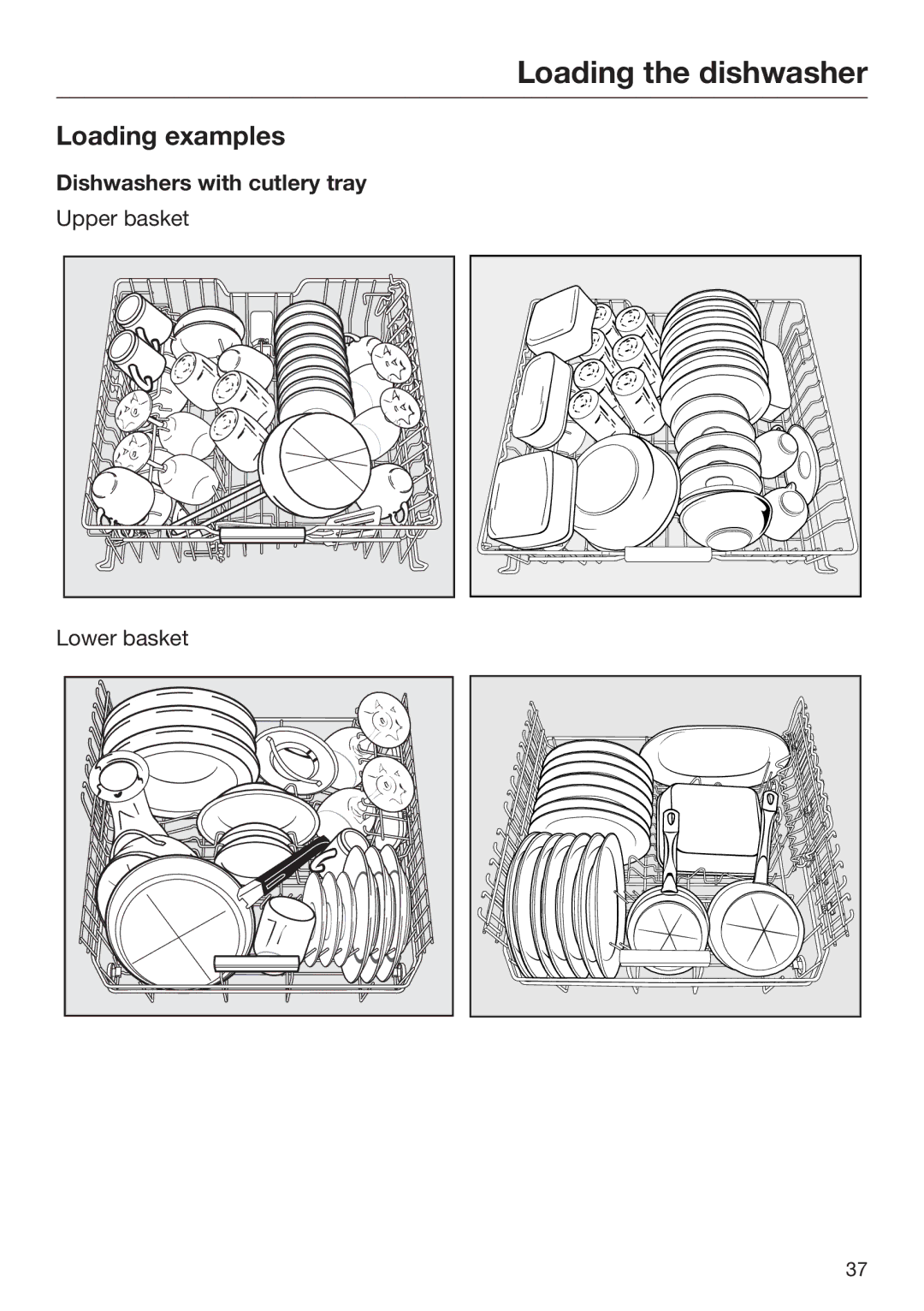 Miele 09 645 470 manual Loading examples, Dishwashers with cutlery tray 