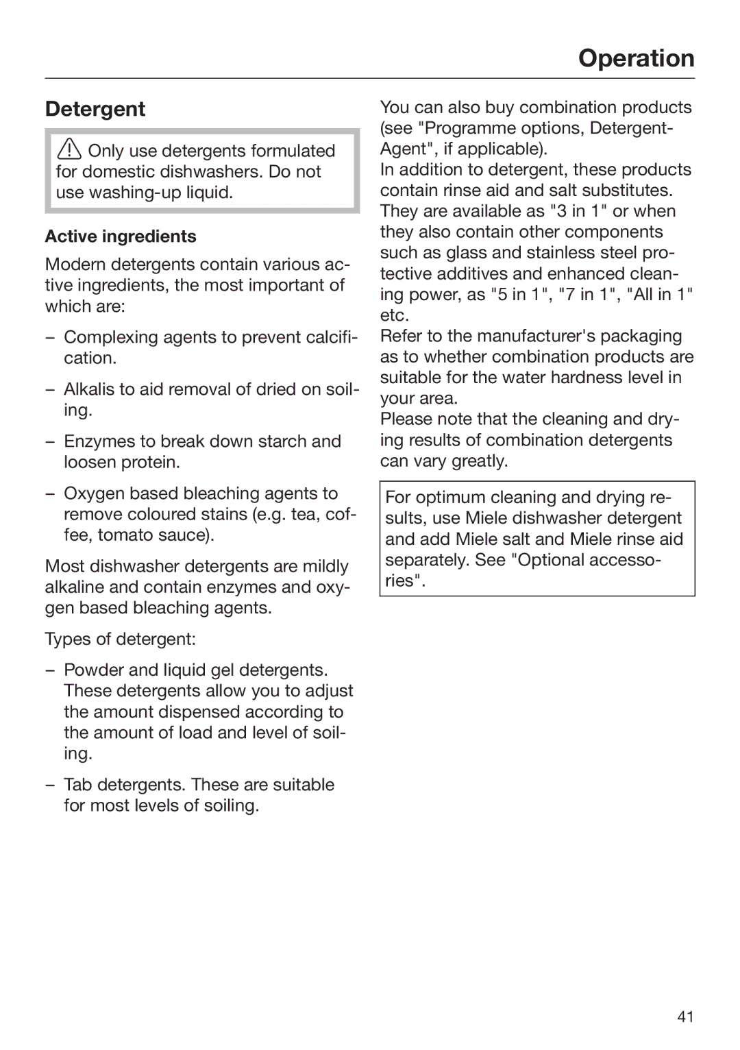 Miele 09 645 470 manual Operation, Detergent, Active ingredients 