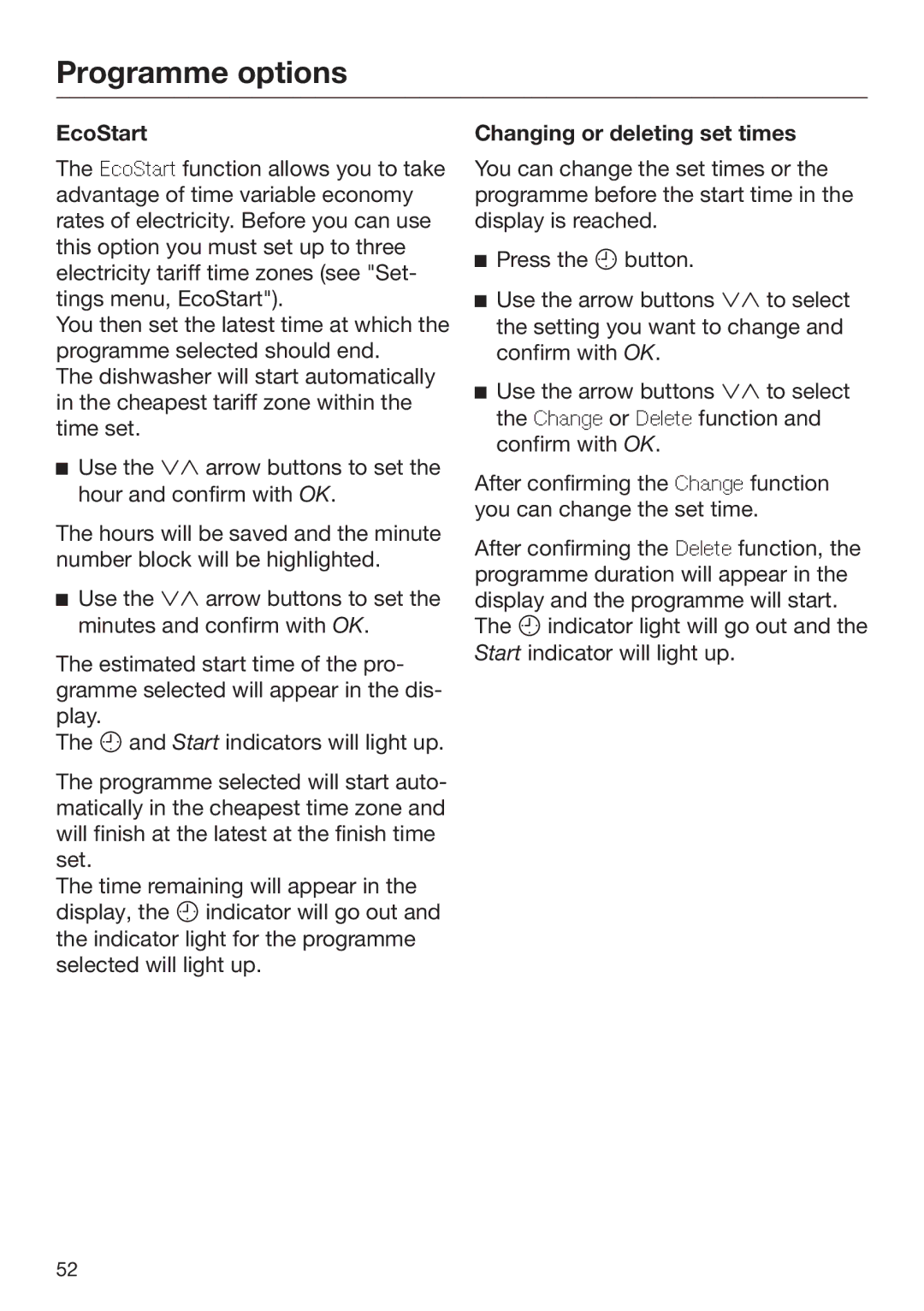 Miele 09 645 470 manual EcoStart, Changing or deleting set times 