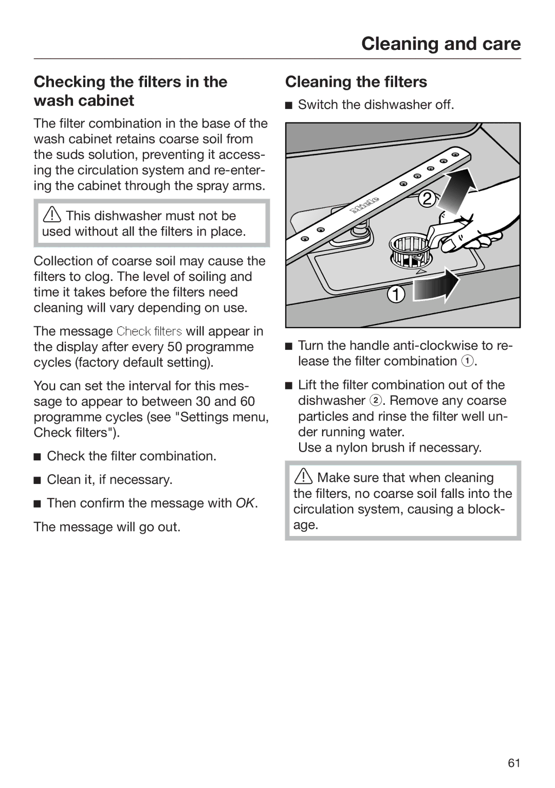 Miele 09 645 470 manual Checking the filters in the wash cabinet, Cleaning the filters 