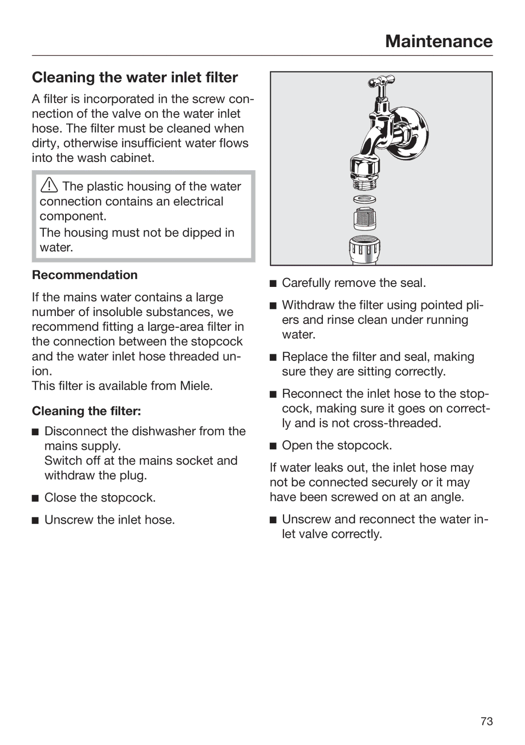 Miele 09 645 470 manual Maintenance, Cleaning the water inlet filter, Recommendation, Cleaning the filter 