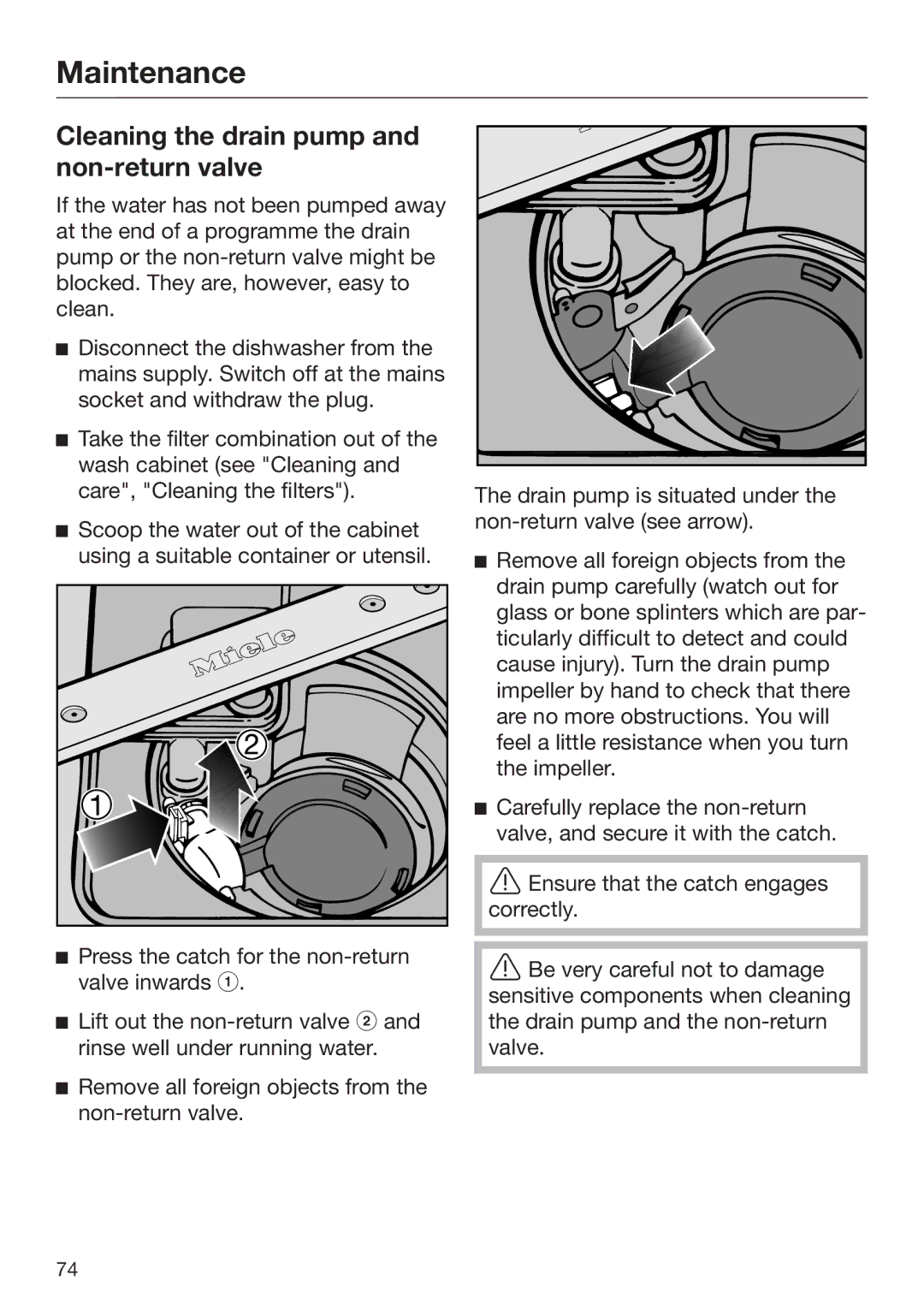 Miele 09 645 470 manual Cleaning the drain pump and non-return valve 