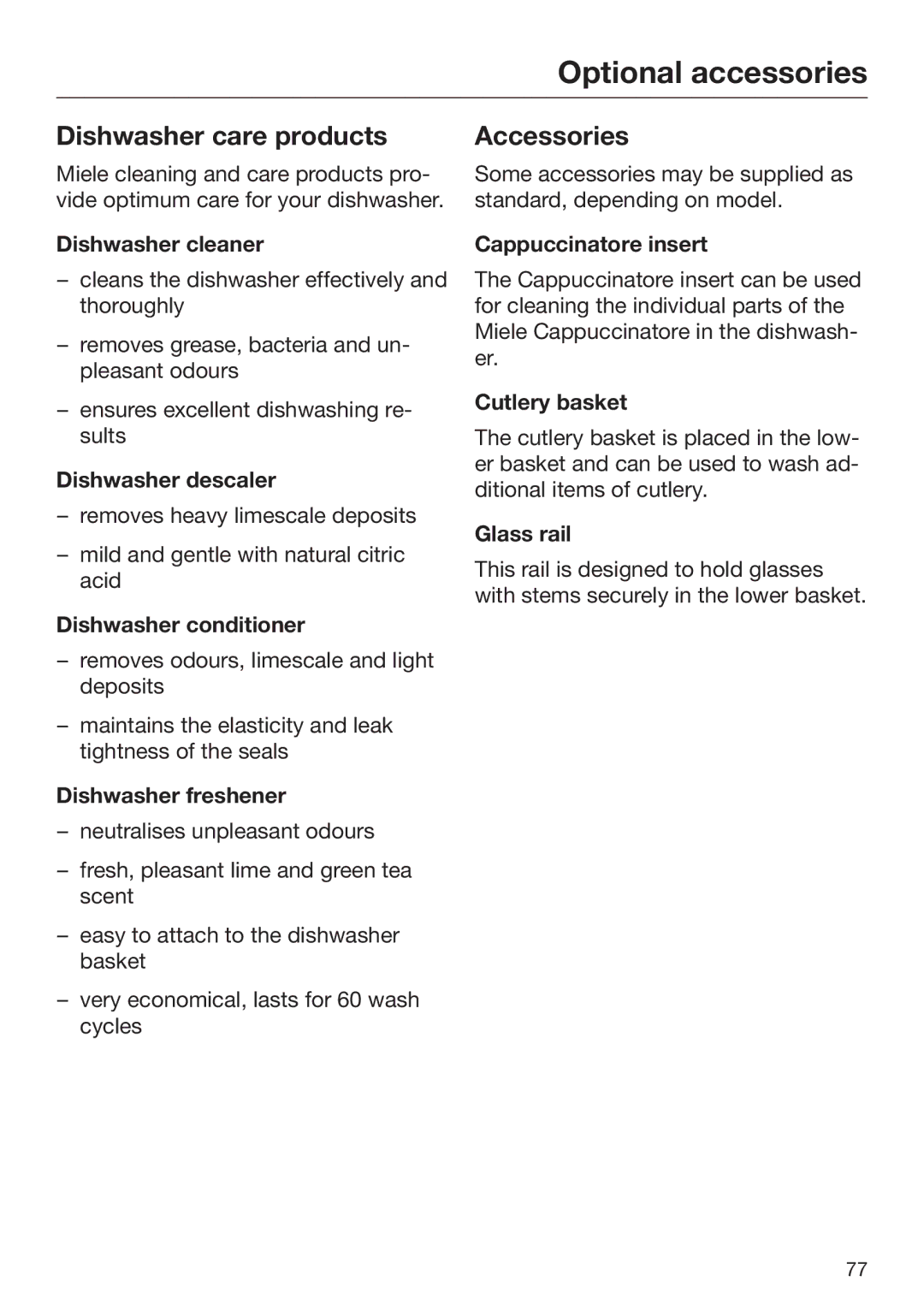 Miele 09 645 470 manual Dishwasher care products, Accessories 