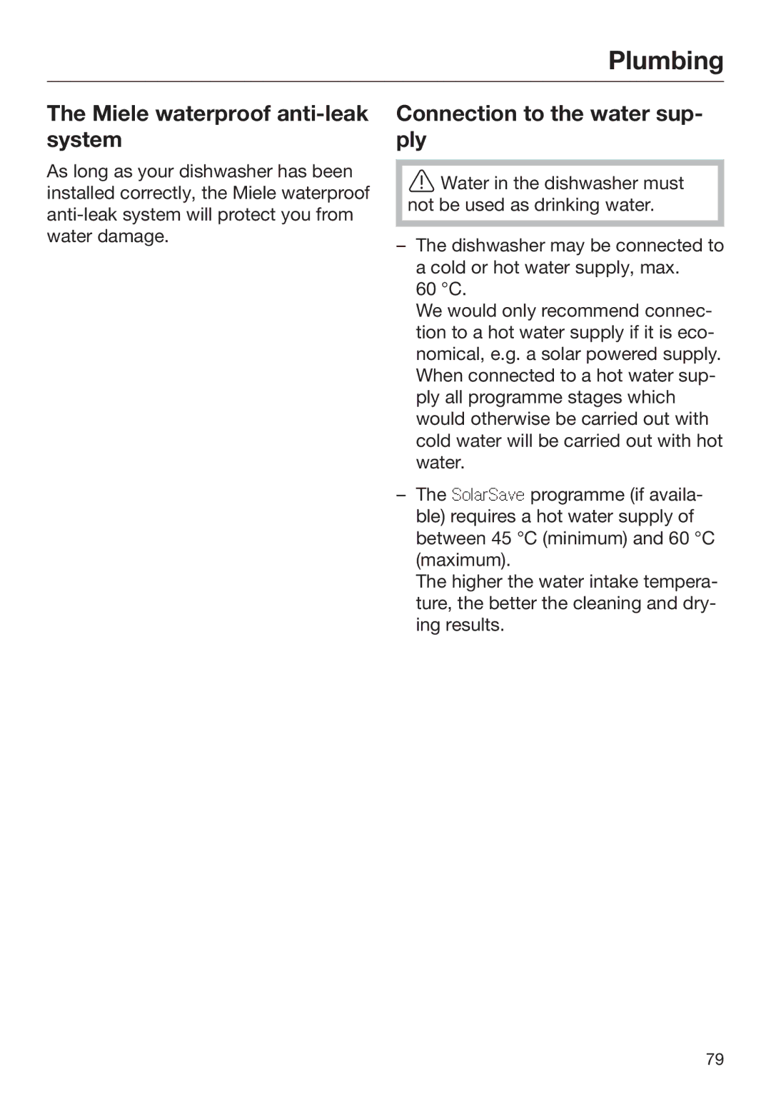 Miele 09 645 470 manual Plumbing, Miele waterproof anti-leak system, Connection to the water sup‐ ply 