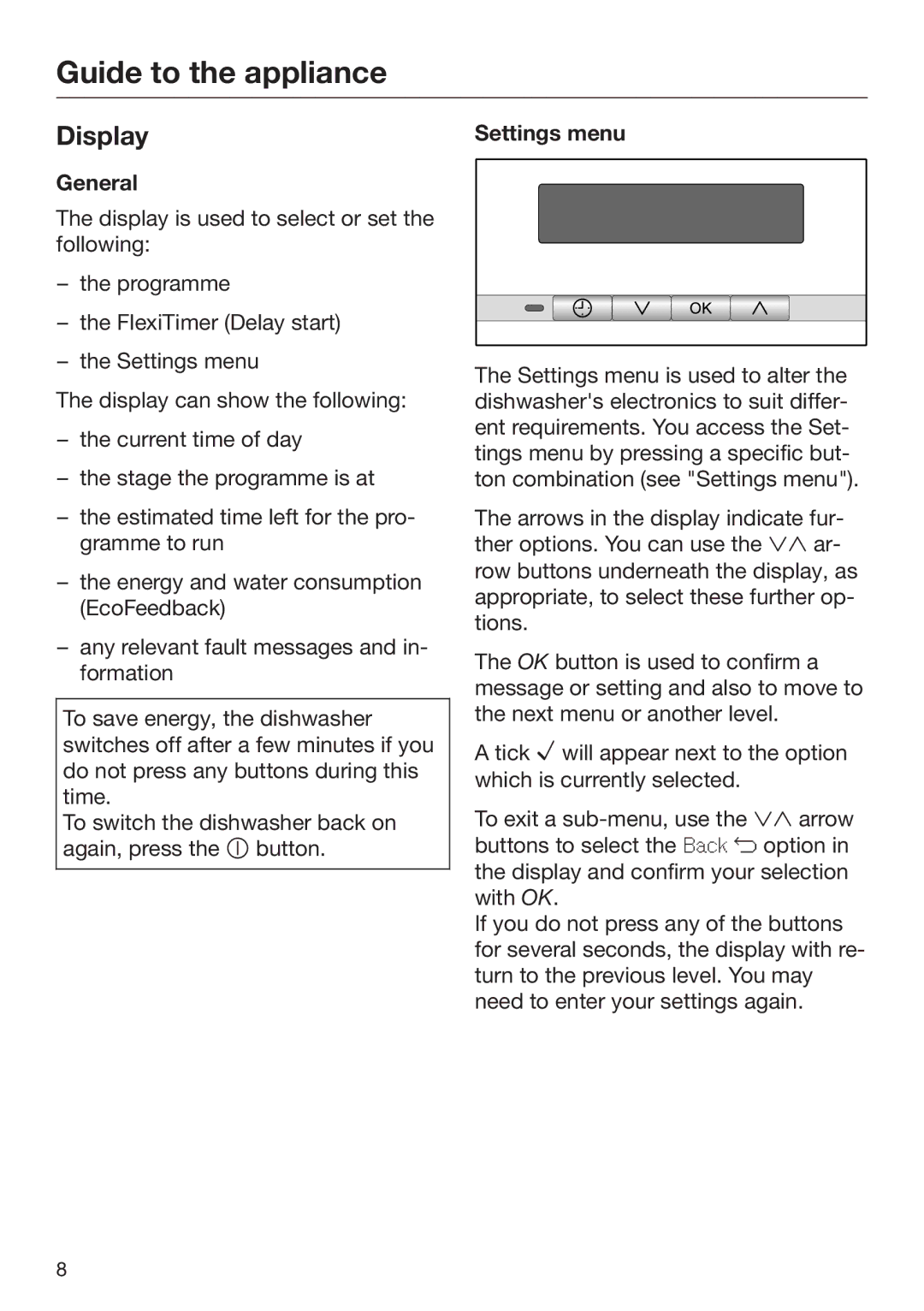 Miele 09 645 470 manual Display, General, Settings menu 