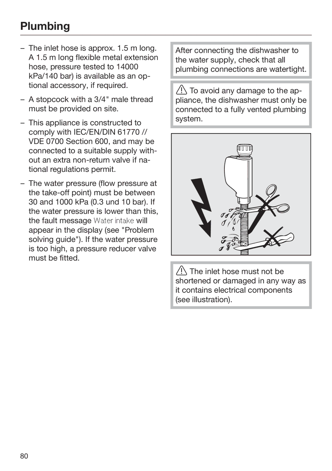 Miele 09 645 470 manual Plumbing 