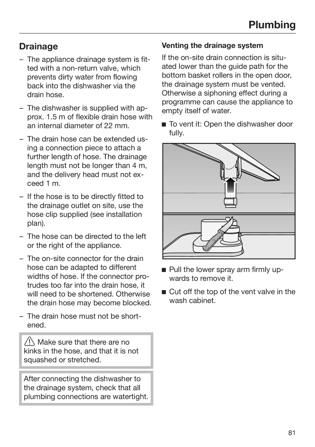 Miele 09 645 470 manual Drainage, Venting the drainage system 